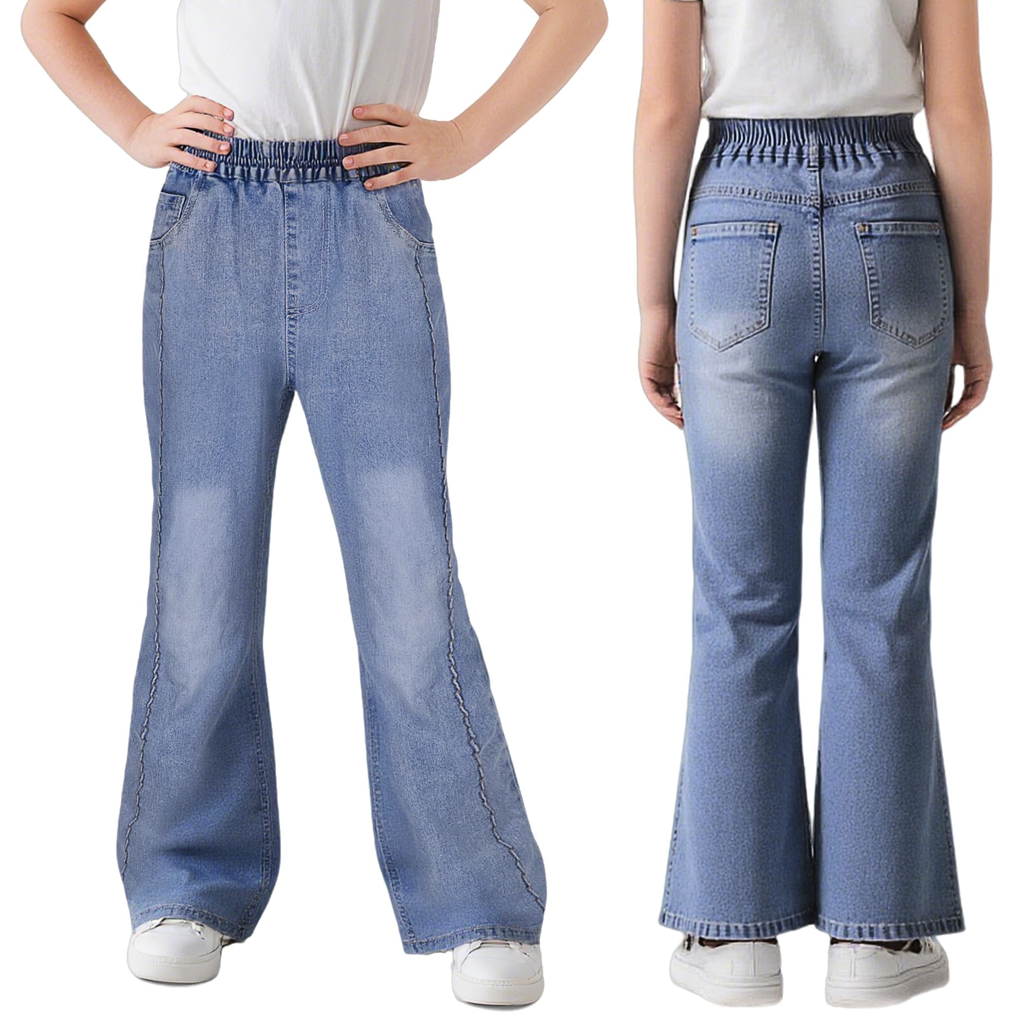 Vaqueros para Niñas, Baggy Cintura Elástica Denim Jeans Pierna Ancha Pantalones Azul Largo Jean con Bolsillos Casuales Moda Streetwear Junior Ropa Infantil Pants para 6-15 años