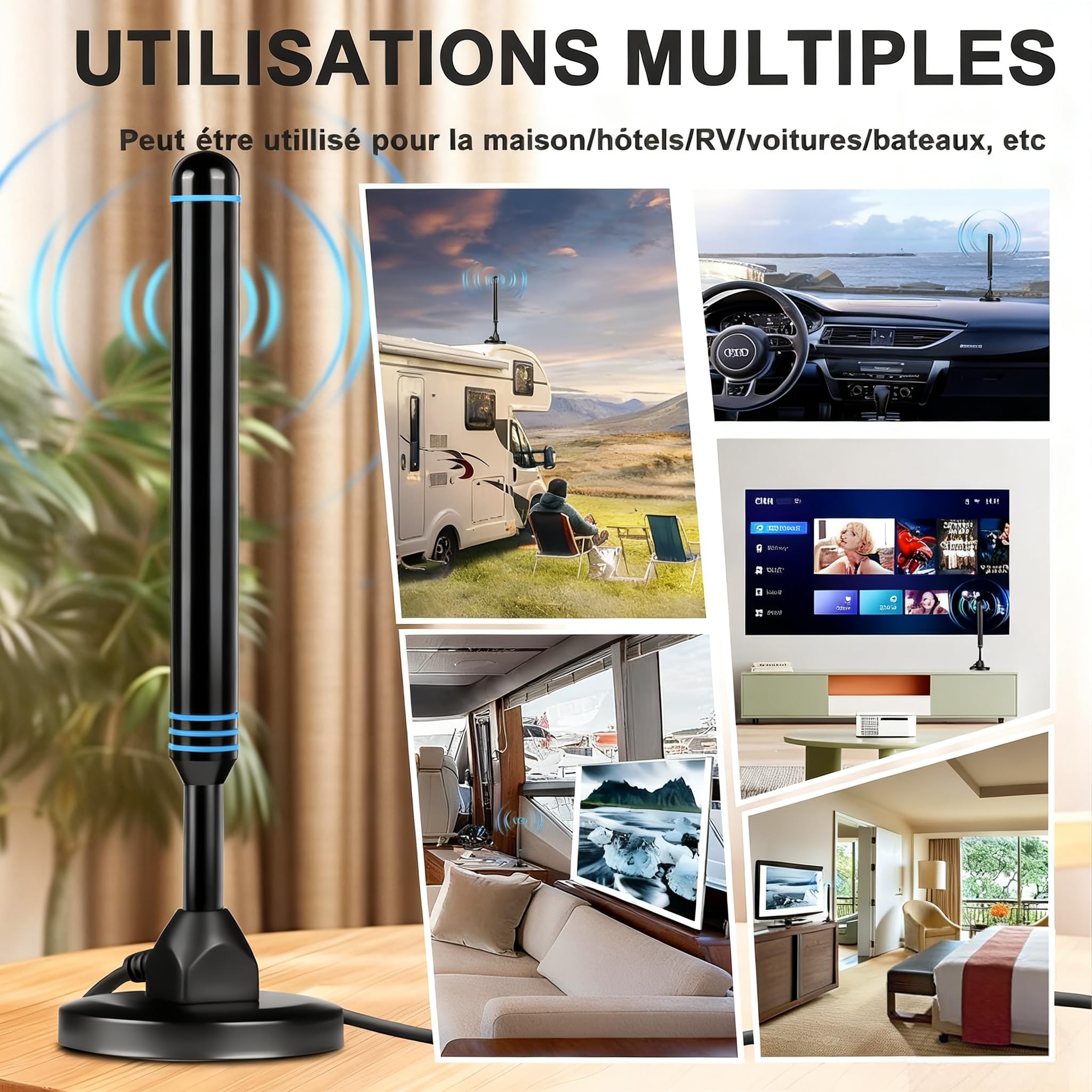 Antenne TV Intérieure Puissante – Réception Longue Portée à 360°Antennes TNT IntéRieur Puissante, Capture Chaînes Locales Gratuites, Base Magnétique, Câble Coaxial 3m