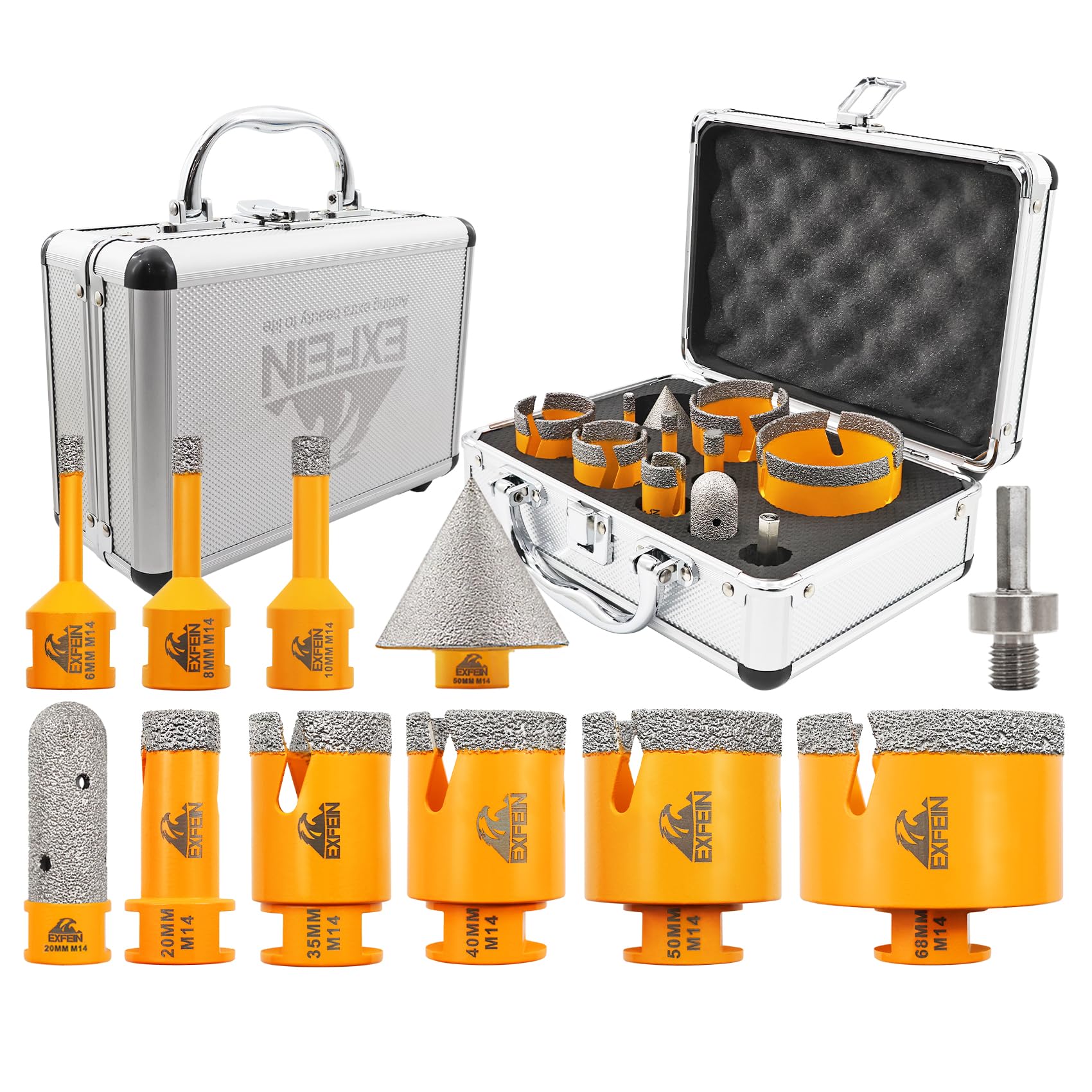 EXFEIN Diamond Tile Hole Saw Kit 11pcs - Diamond Drill Bits 6/8/10/20/35/40/50/68mm + 20mm Finger Milling Bit + 50mm Diamond Bevel Chamfer Bit + Hex Adapter for Porcelain Tiles Marble Granite