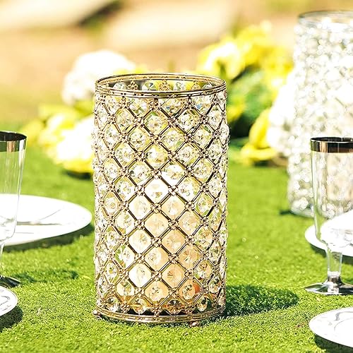 Miniatura 8 de Efavormart - Juego de 2 portavelas votivas de pilar con cuentas de cristal de metal dorado de 9 pulgadas jarrón de cristal multiusos