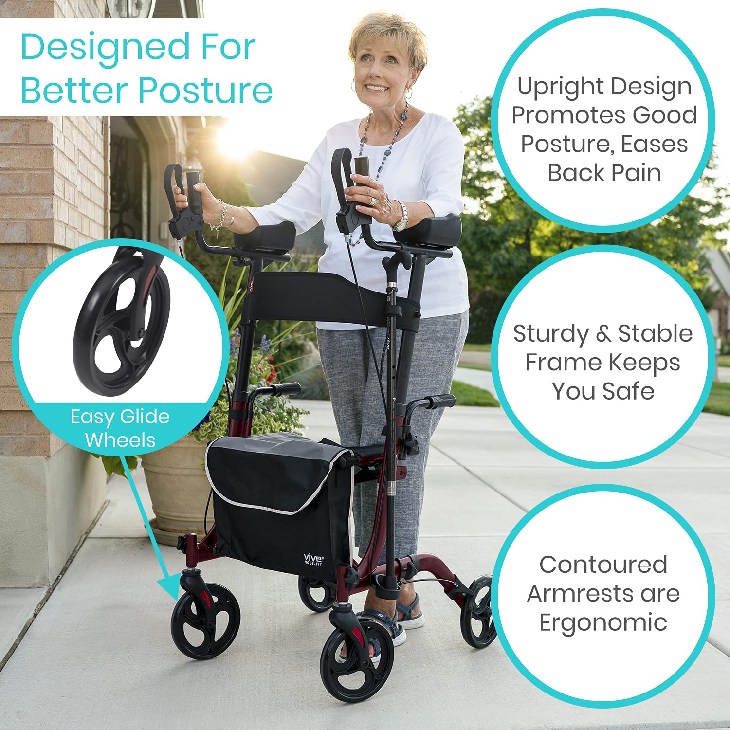 Vive Mobility Upright Rollator Walker for Seniors with Seat and Armrests Stand Up Folding