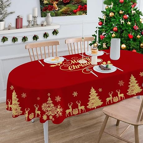 Christmas Oval Tablecloths with Festive Golden Deer