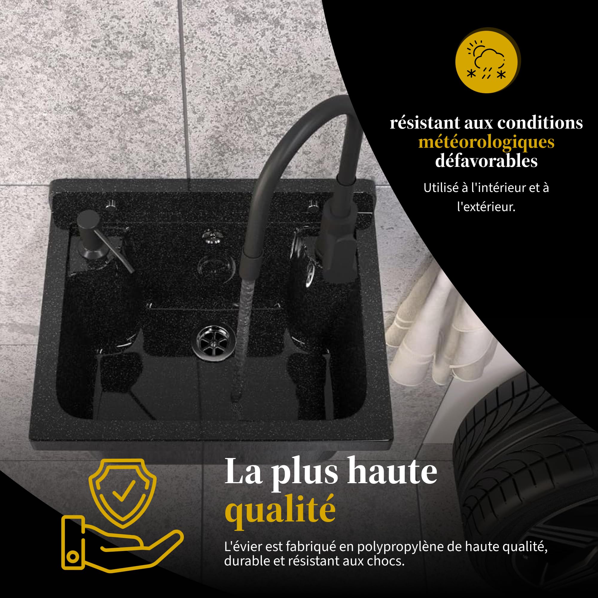 Évier extérieur Buanderie Lavabo extérieur siphon polypropylène noir GRANITAN