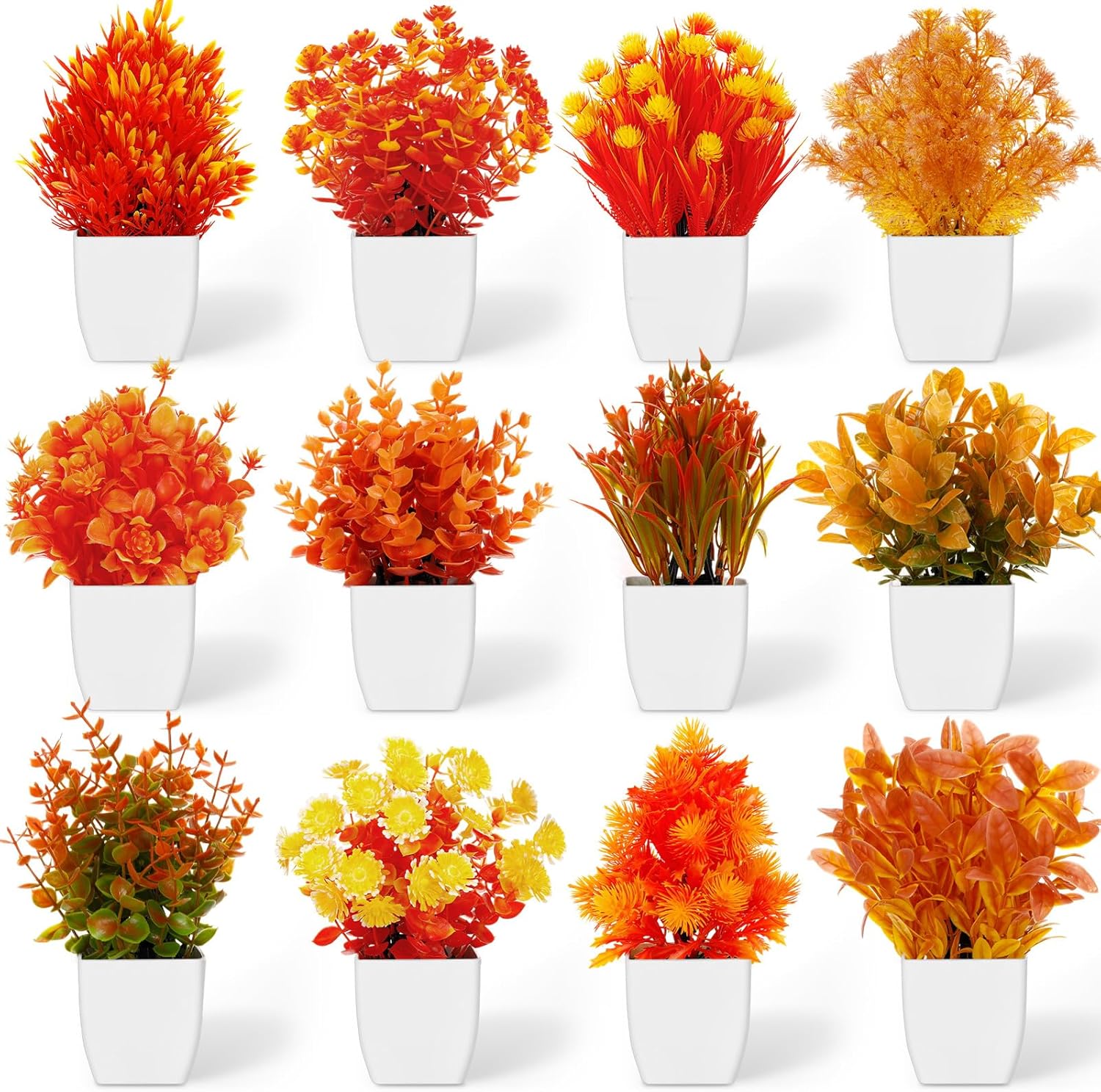 12 Pack Fall Fake Potted Plants 7.87" Mini Artificial Potted Flowers Autumn Greenery Faux Rustic Floral Arrangements for Fall Table Centerpieces Thanksgiving Home Farmhouse Decor