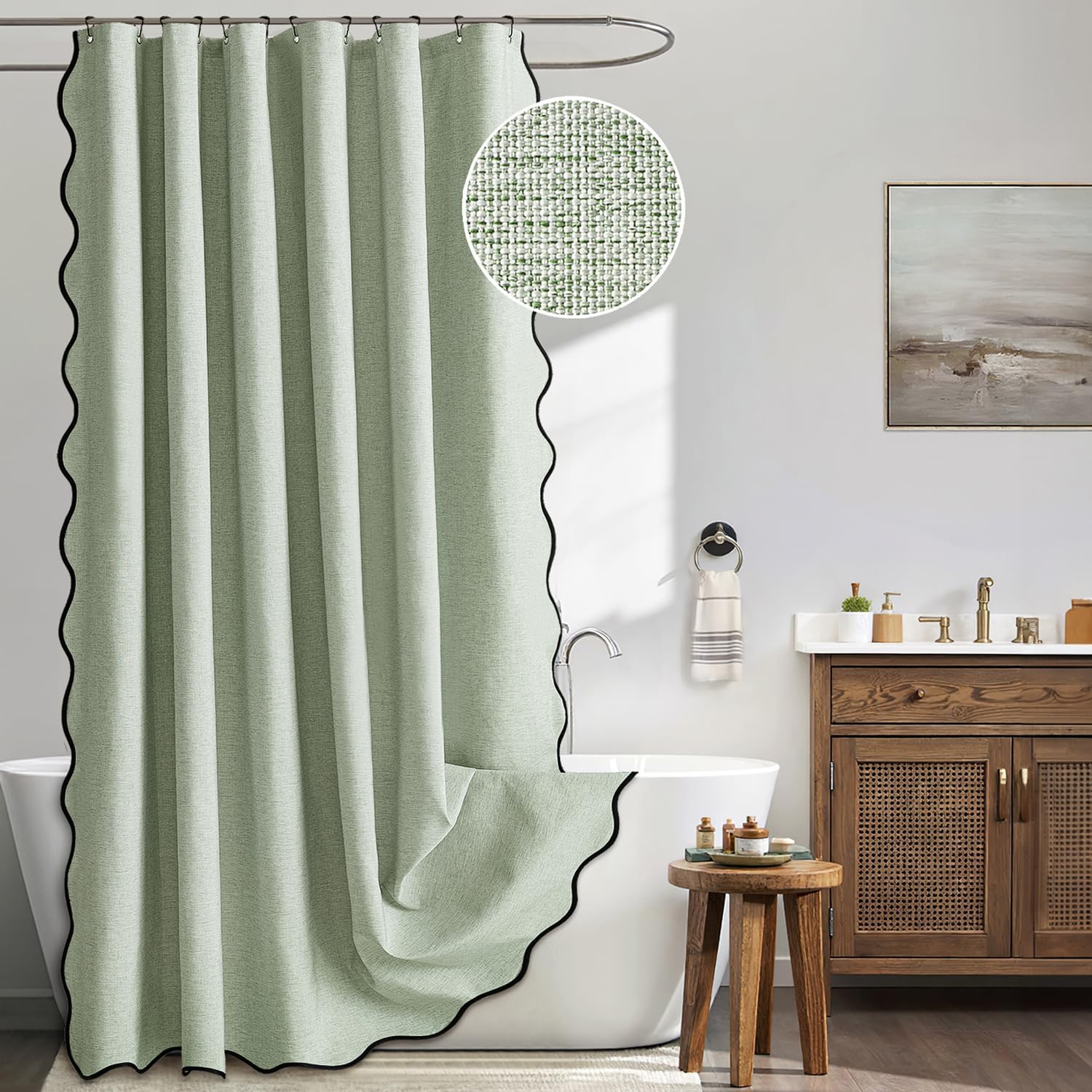 MIULEE Sage Green Scalloped Shower Curtain Linen Textured with 12 Metal Hooks Cute Heavy Duty Washable Waterproof Thick Cloth Spring Curtains with Black Border for Bathroom Hotel Bathtub,W72*L72 Sage Green 72"W x 72"L (Pack of 1)