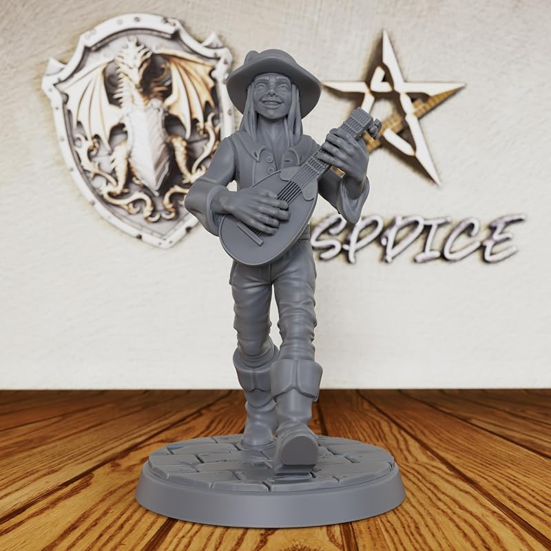 Bard Miniatura DND de resina sin pintar de 28 mm para RPG de mesa AS502 | Héroe musical para Dungeon Masters: Aventurero que toca el laúd con sombrero de ala ancha para encuentros en tabernas y misiones de fantasía