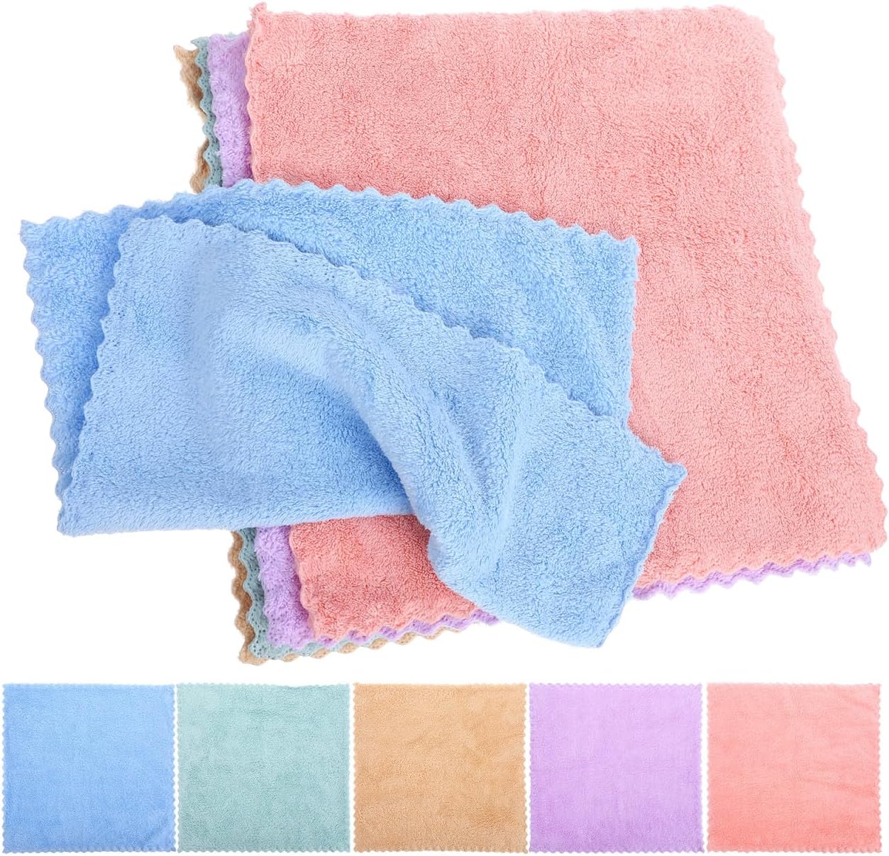 WOONEKY 10 Pcs Coral Fleece Wash Cloths for Face, 30x30cm Microfiber Square Hand Towels, Ultra Soft Face Cleansing Towels, Colorful Set for Daily Bath and Makeup Removal