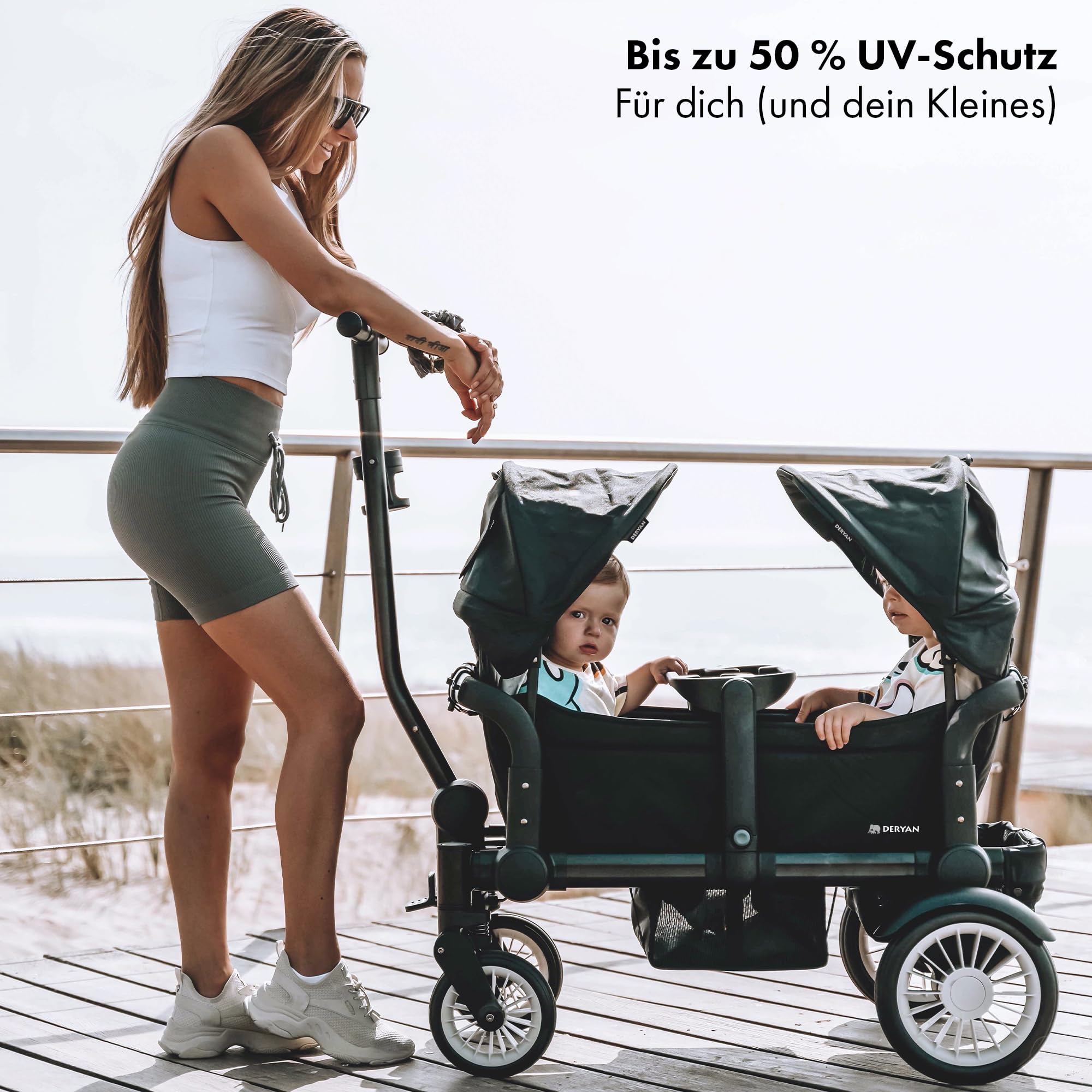 Deryan Sandy Bollerwagen Faltbar für 2 Kinder (9 Monate bis 5 Jahre), Dach Klappbarer Handwagen, Sonnenschutz für Ausflug Strand Camping, abnehmbarem Tablett, Verstellbarer Griff, mit Bremse, Schwarz