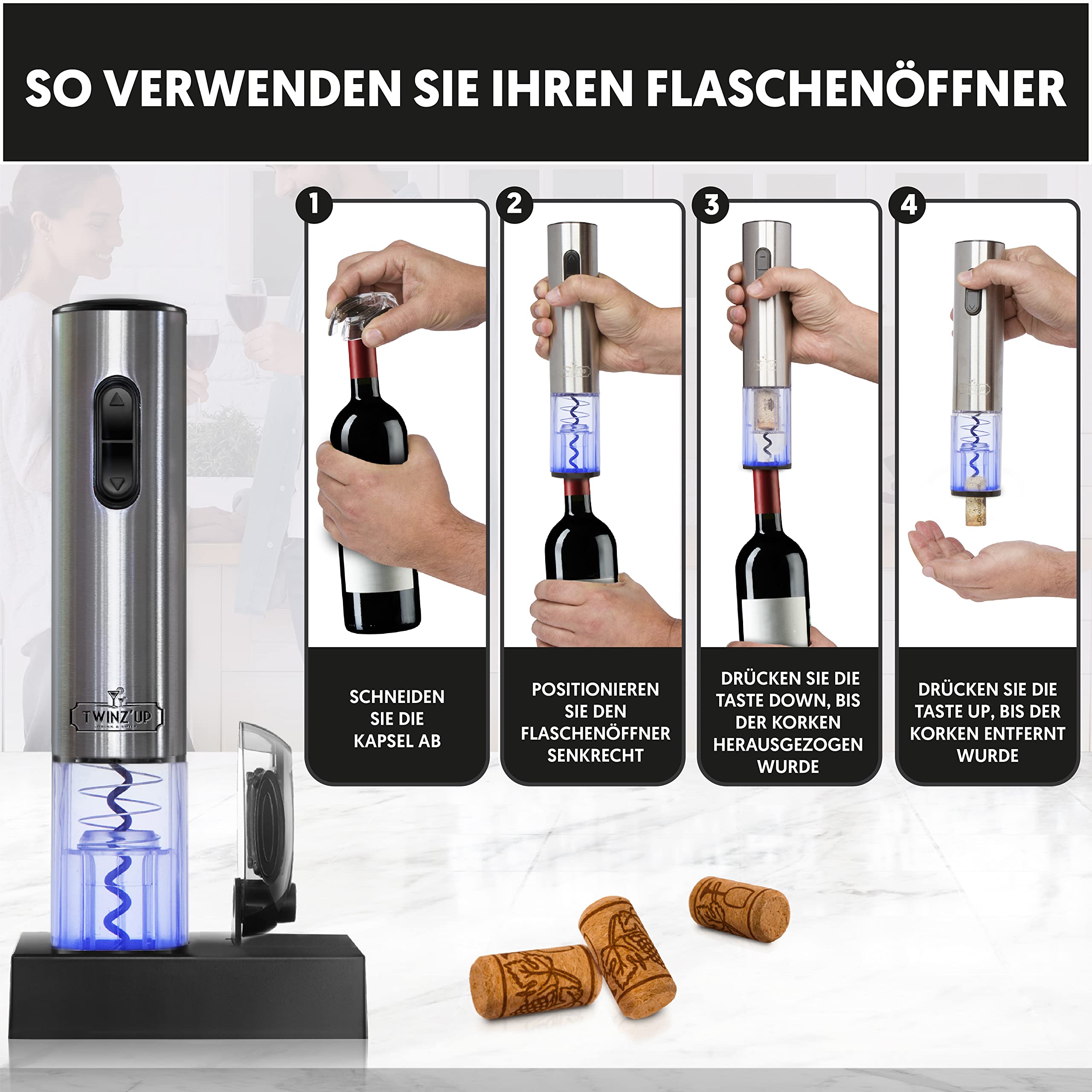 Twinz'up Korkenzieher Elektrisch, Premium Box mit Folienschneider und Ladestation, Kabelloser Elektrischer Korkenzieher, Weinöffner Set