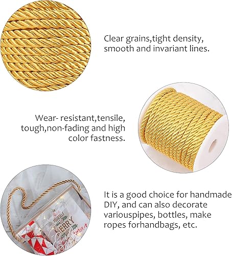 Miniatura 5 de PH PandaHall Cordón dorado de 59 pies de 0.197 in, cuerda torcida de seda para decoración del hogar, bolsa de Navidad, cordón, cordón, cortina,