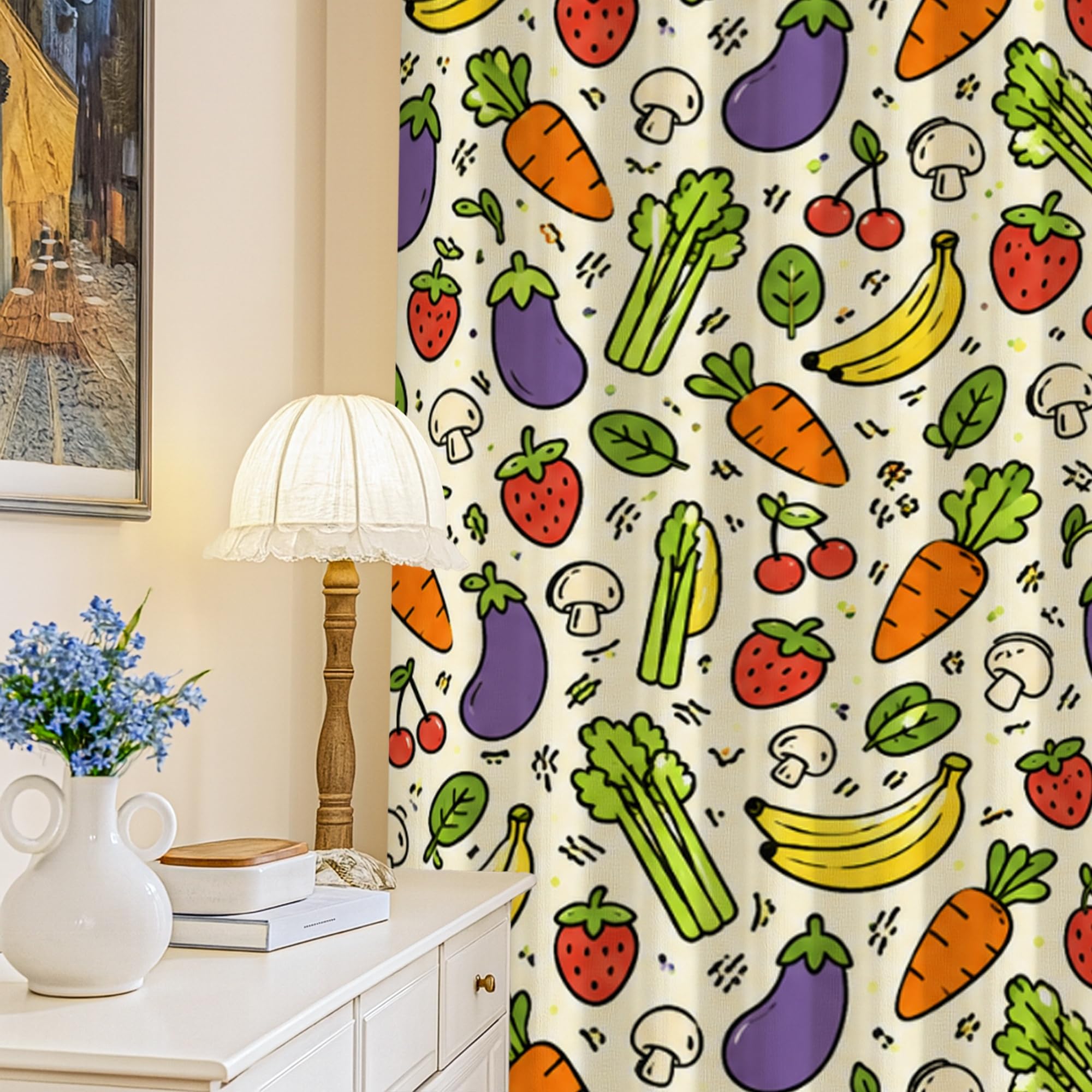 Rideaux occultants chambre motif fraise et banane 132x213cm sans plis