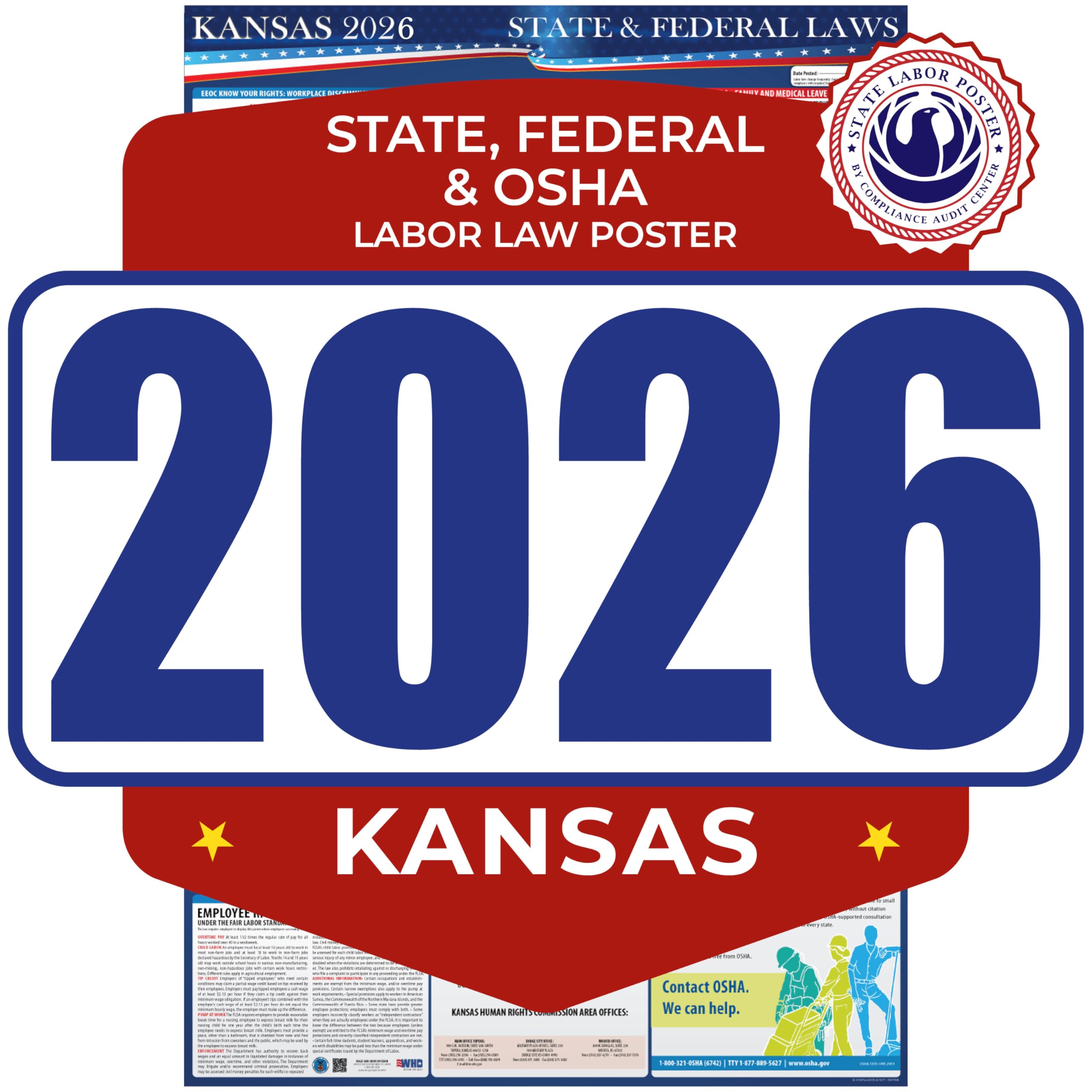 2026 Kansas State and Federal Labor Law Poster - OSHA Workplace Compliant - Mandatory Regulations Posting for Employees - All-in-One Required
