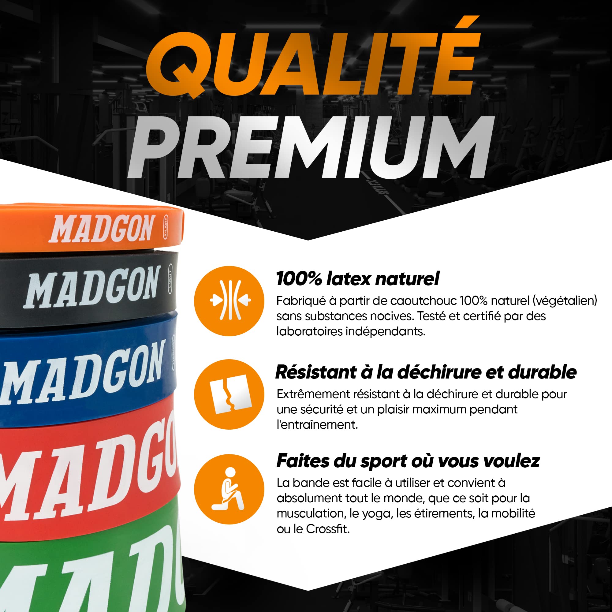 MADGON Elastiques Musculation (en Bande Unique en 5 Forces ou en Set) - Bandes Elastique Fitness Résistantes et Durables avec Sac et Guide PDF – Elastique Fitness Tout Groupe Musculaire