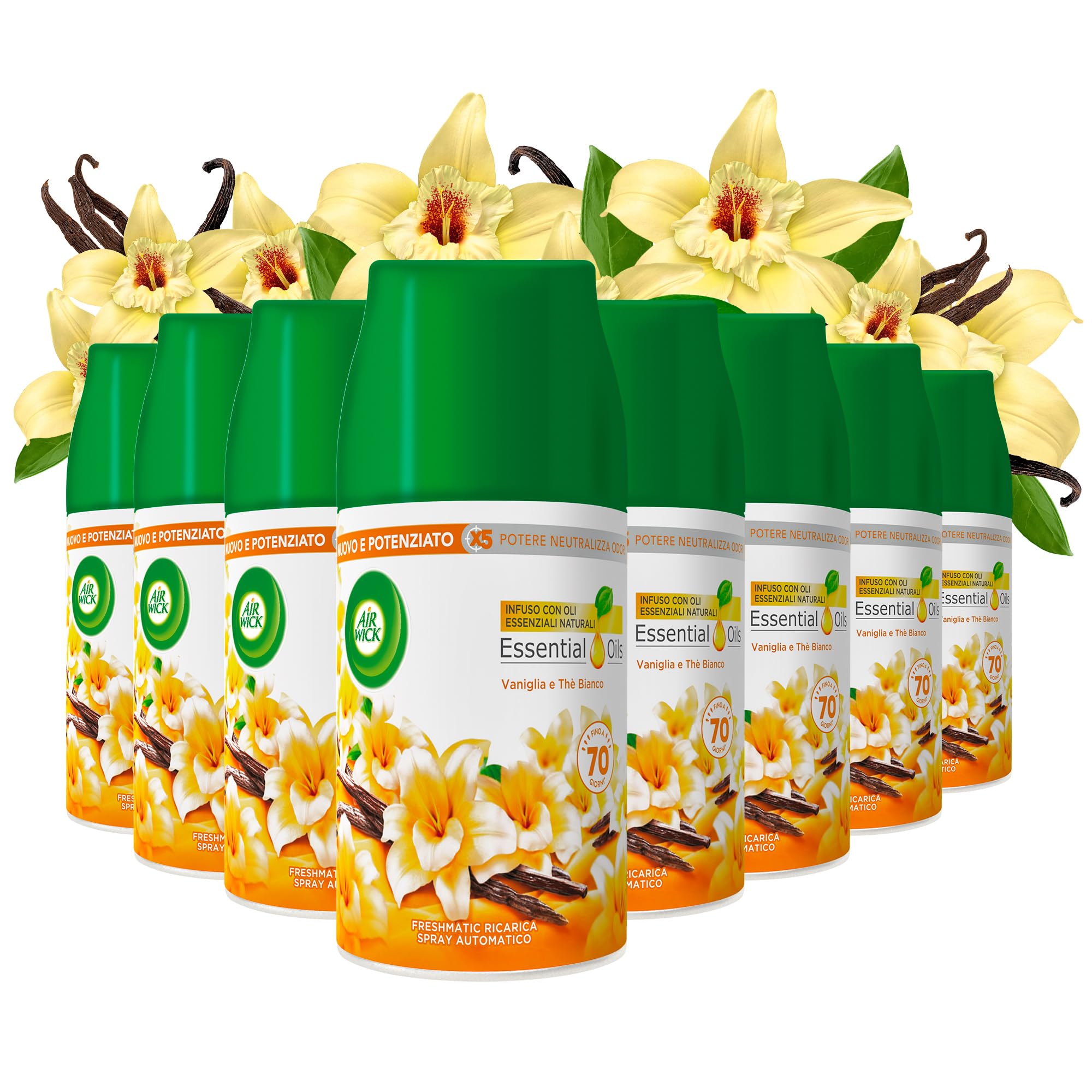 Airwick Kit Freshmatic Profumatore per Ambienti : 8 Freshmatic Ricariche alla fragranza di Vaniglia e The Bianco, 8x250ml