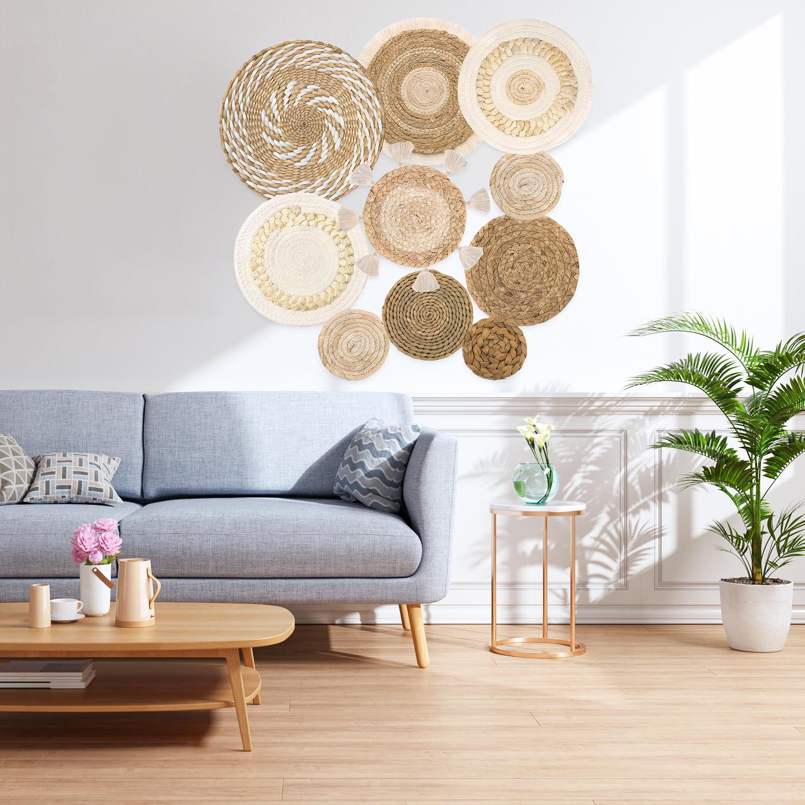 DecorDwell - Cesta de pared bohemia a mano, mimbre, decoración de pared, de ratán redondo, de ratán redondo, decoración de pared, conjuntos de mesa para comedor, dormitorio, oficina (paquete de 10)