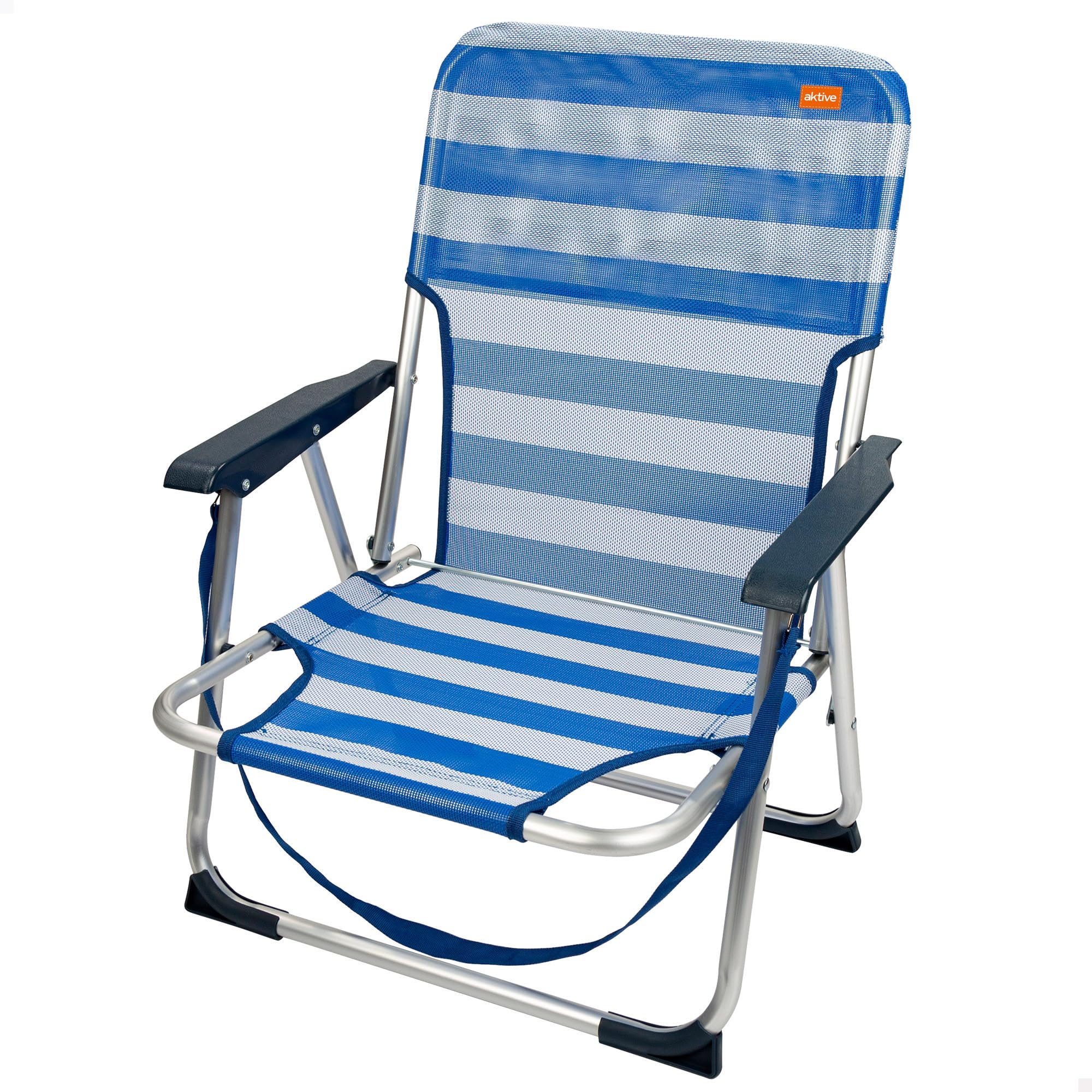 AKTIVE Silla fija plegable de playa, respaldo fijo, 44x40x72 cm, aluminio, con asa para transportar, color azul y rayas blancas, soporta 100 kg peso (53950)