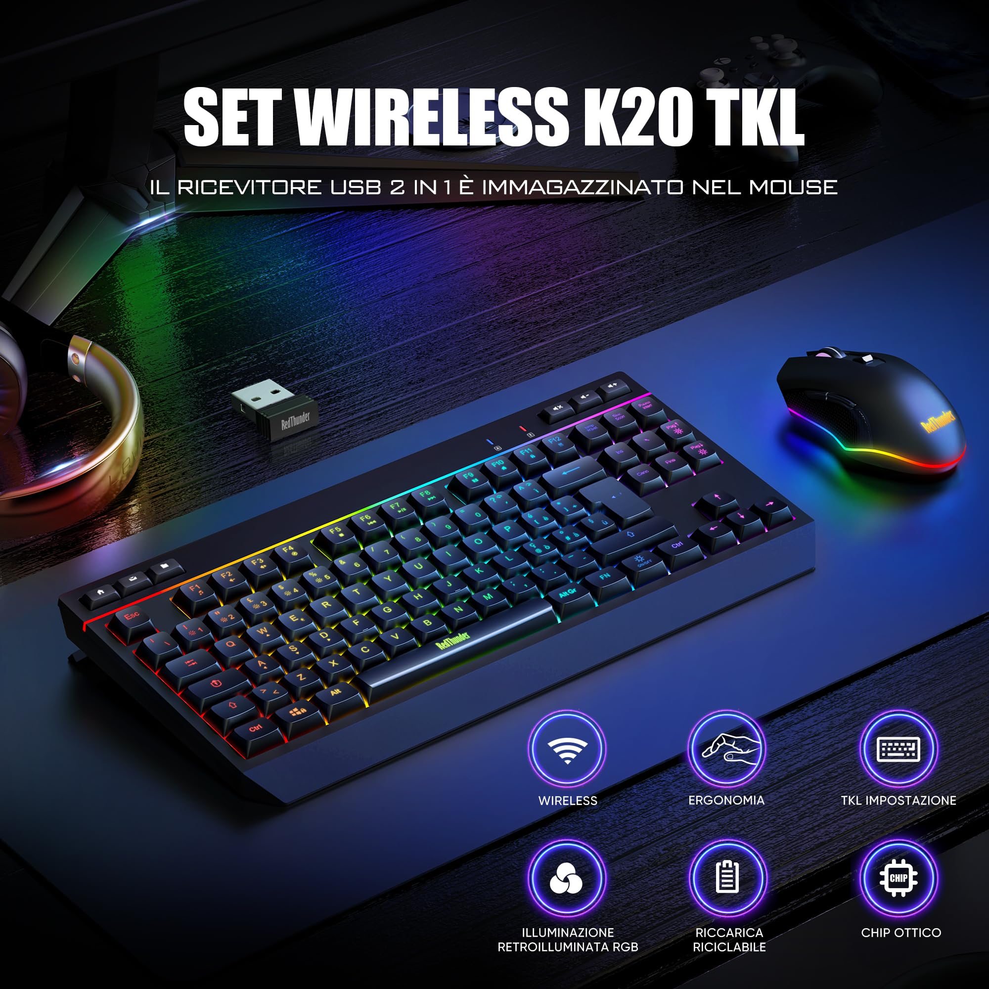 RedThunder K20 TKL Tastiera Wireless Gaming,Batteria Ricaricabile con Retroilluminazione RGB Regolabile,QWERTY Layout IT compatto con 6 tasti multimediali dedicati,USB Tastiera per PC/Laptop(Nero)