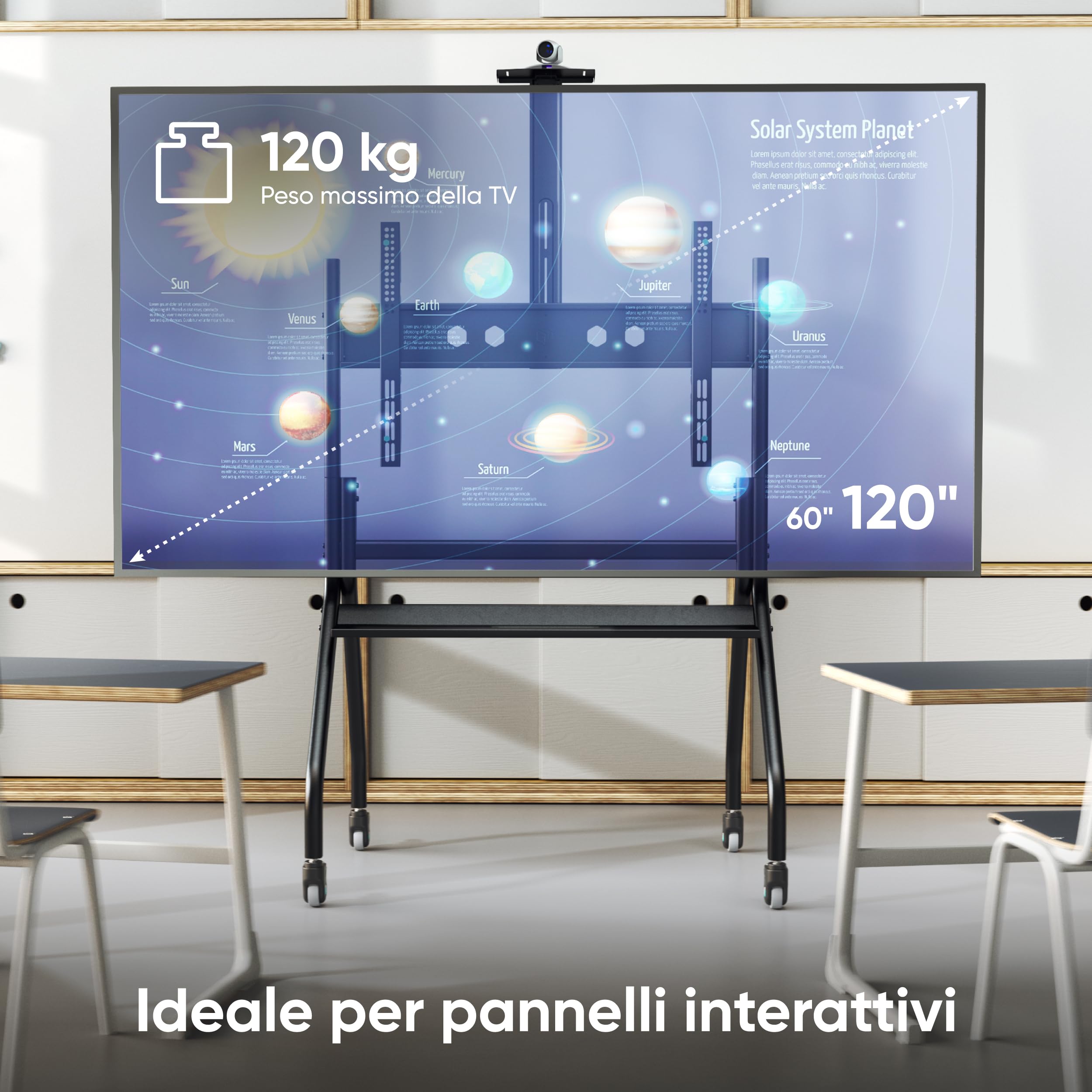 ONKRON Supporto TV da Pavimento 60-120 pollici, Carga Totale 150 kg, VESA 200x200-1000x600 mm, Carrello Porta TV da Terra Mobile, con Ruote, Porta Televisore Regolabile in Altezza, Nero TS2080-B