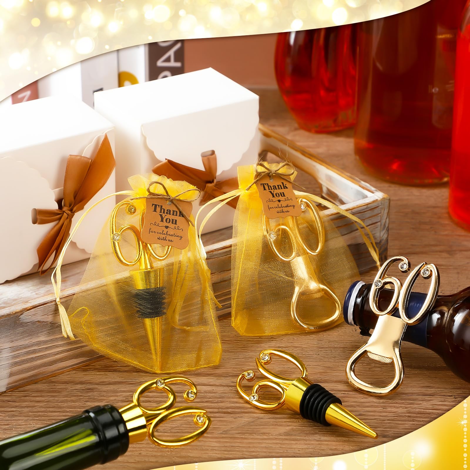 Tioncy Confezione bomboniere 24 per 60° compleanno tappo vino, apribottiglie, etichette e sacchetti in rete per 60° anniversario di matrimonio souvenir
