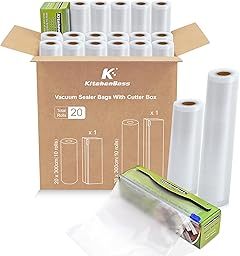 KitchenBoss 20 Rouleaux Sacs Sous Vide Alimentaire：Rouleau Sous Vide Alimentaire avec 2 Boîtes de Coupe, 20/28 x 300 cm (10 Pcs Chacun), Sachet Sous Vide Alimentaire Commerciaux pour Machine Sous Vide
