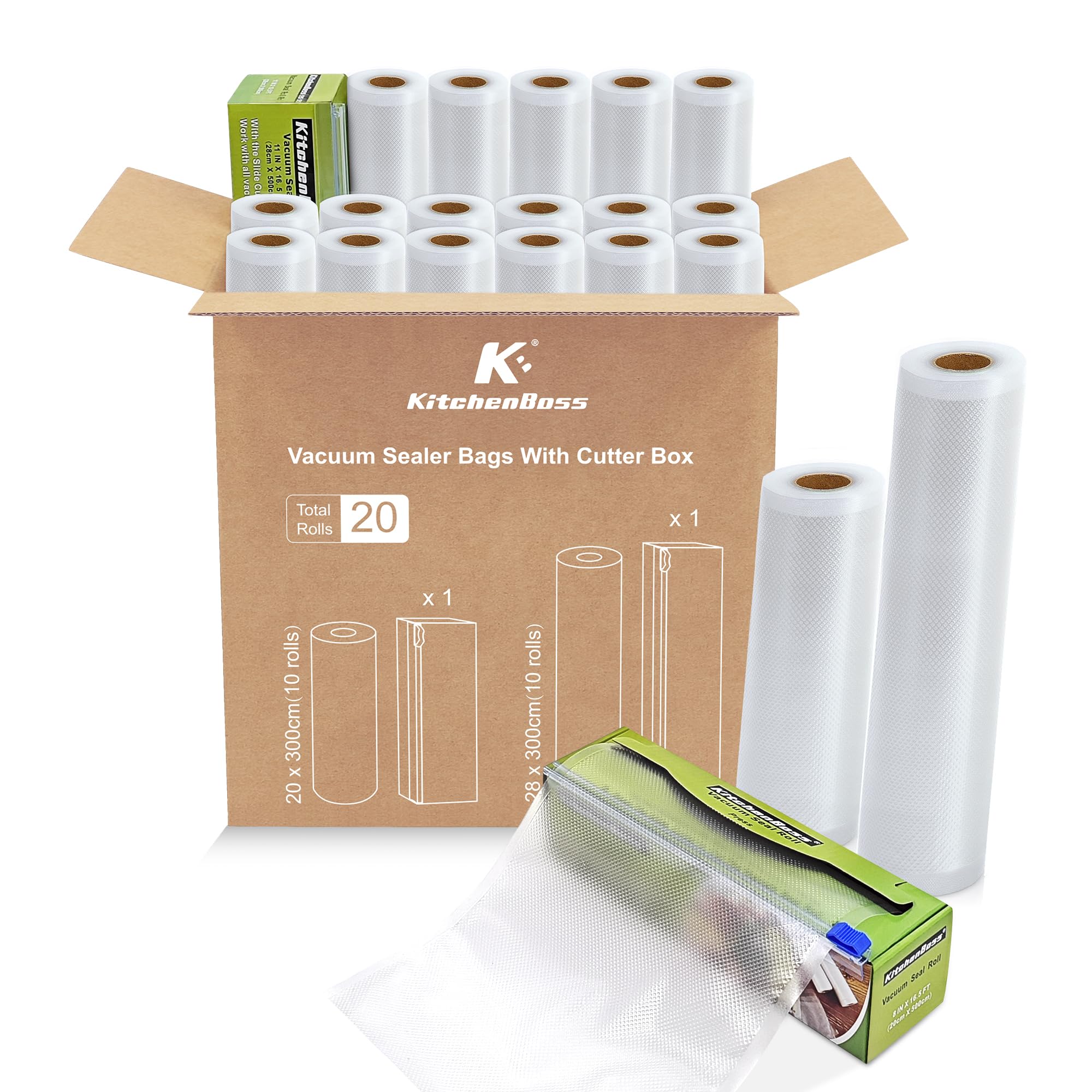 KitchenBoss 20 Rouleaux Sacs Sous Vide Alimentaire：Rouleau Sous Vide Alimentaire avec 2 Boîtes de Coupe, 20/28 x 300 cm (10 Pcs Chacun), Sachet Sous Vide Alimentaire Commerciaux pour Machine Sous Vide - 1