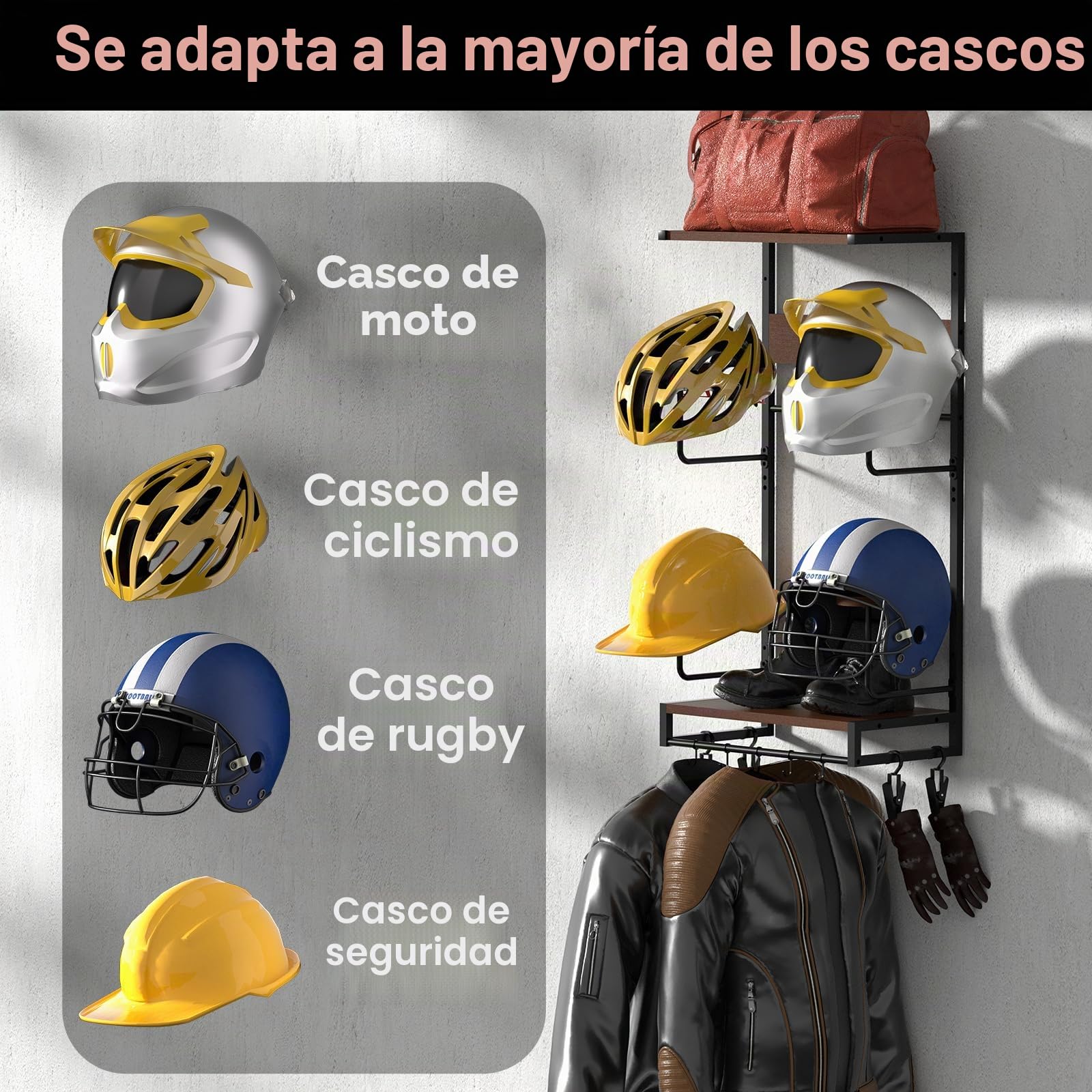 Colgador Casco Moto Pared Perchero para Casco Soporte para colagar el Casco y la Chaqueta Gancho Con Tablero de Madera de 2 Capas para Guardar Accesorios de Motocicleta