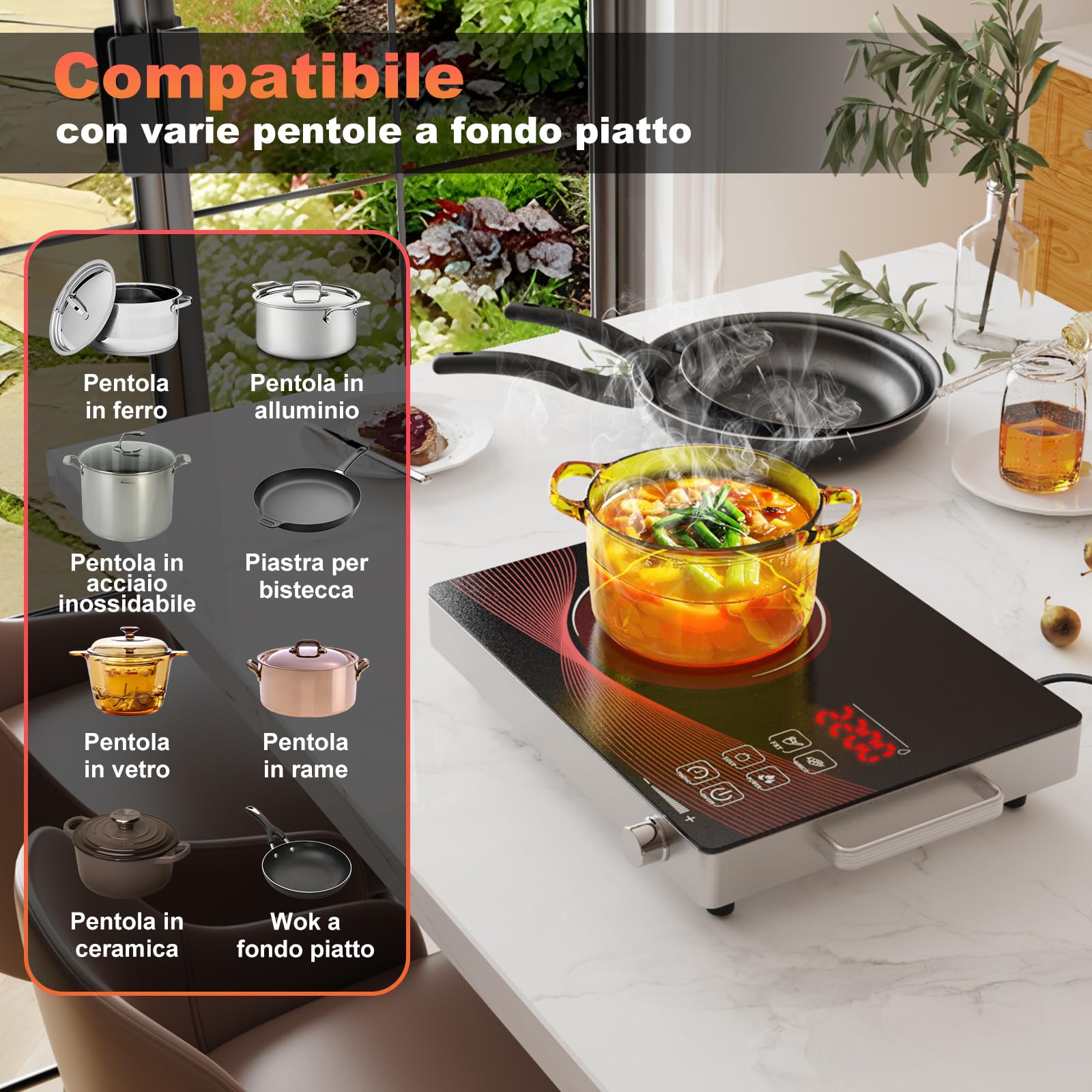 Alemania Piastra Elettrica 1 Fuoco 2200W, Piastra Vetroceramica Portatile a Infrarossi con Vetro Nero, Piastra di Cottura da Tavolo con 18 Livelli di Potenza e Temperatura, Timer