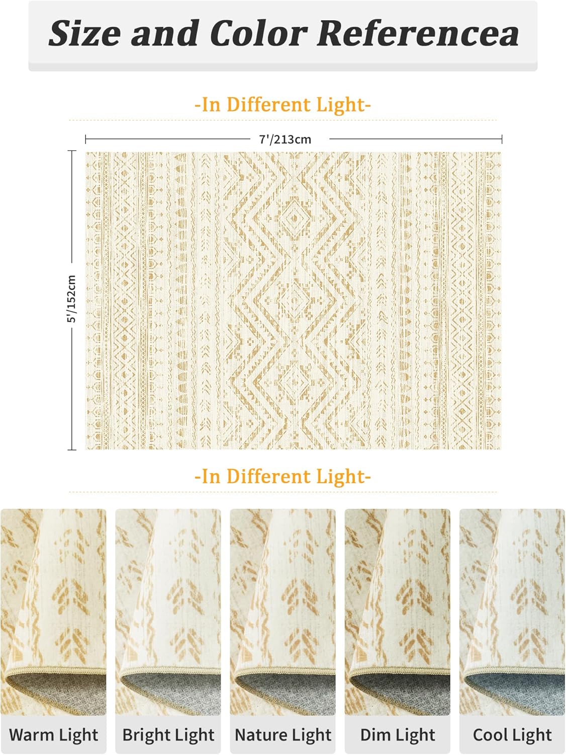 5x7 Area Rug for Living Room Moroccan Washable Rugs Non Slip Indoor Floor Carpet Foldable Large Soft Area Rug for Dining Room Bedroom with Low Pile(Gold,5'x7') Gold 5'x7'(Rectangular)