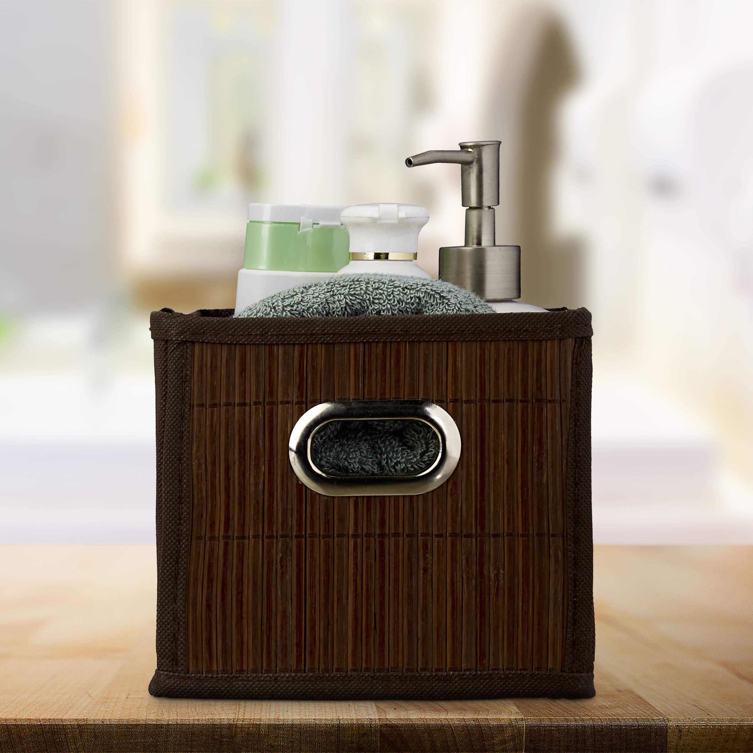 Relaxdays opbergmand bamboe, badkamer, hoog, vierkant, opvouwbaar, stoffen kast organizer, HBD: 31 x 31 x 31 cm, natuur