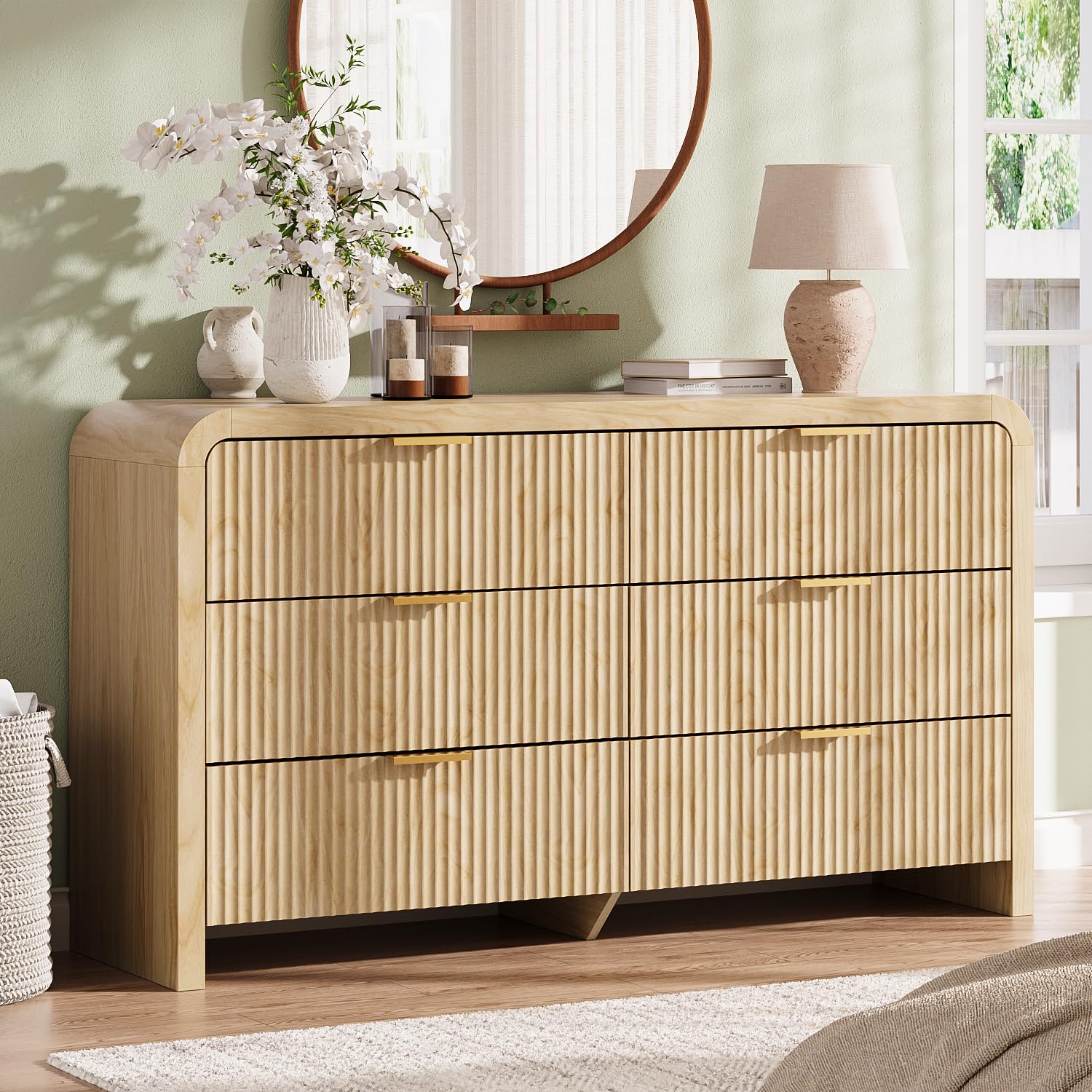 Angel Sar 55" Modern Fluted 6 Drawer Dresser for Bedroom, Wooden Bedroom Dresser with Arched Tabletop, Wave Pattern Design & Gold Handles, Closet