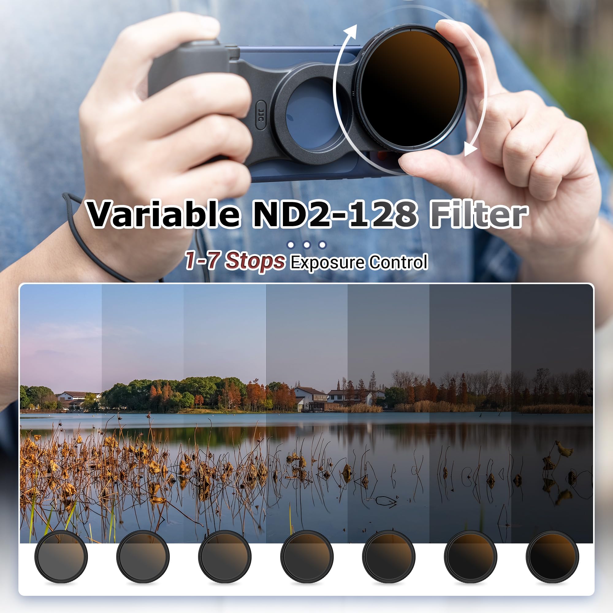 JJC Filtro ND Variable para teléfono ND2-128 (7 Paradas), Adaptador de Filtro magnético, Handgirp, Kit 3 en 1 para iPhone 17/Air/17 Pro/16 Pro/15 Pro/14 Pro, filtros de Densidad Neutra con Agarre de
