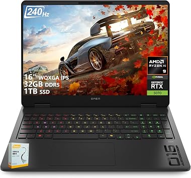 HP OMEN 16 Gaming Laptop | 16" WQXGA 240Hz IPS 100% sRGB | AMD Ryzen AI 9 365 50 NPU Tops | 32GB DDR5 1TB SSD | GeForce RTX 5070 8 GB GDDR7 DLSS 4 | RGB Backlit Wi-Fi 6E Win11 w/DLCA Accessory