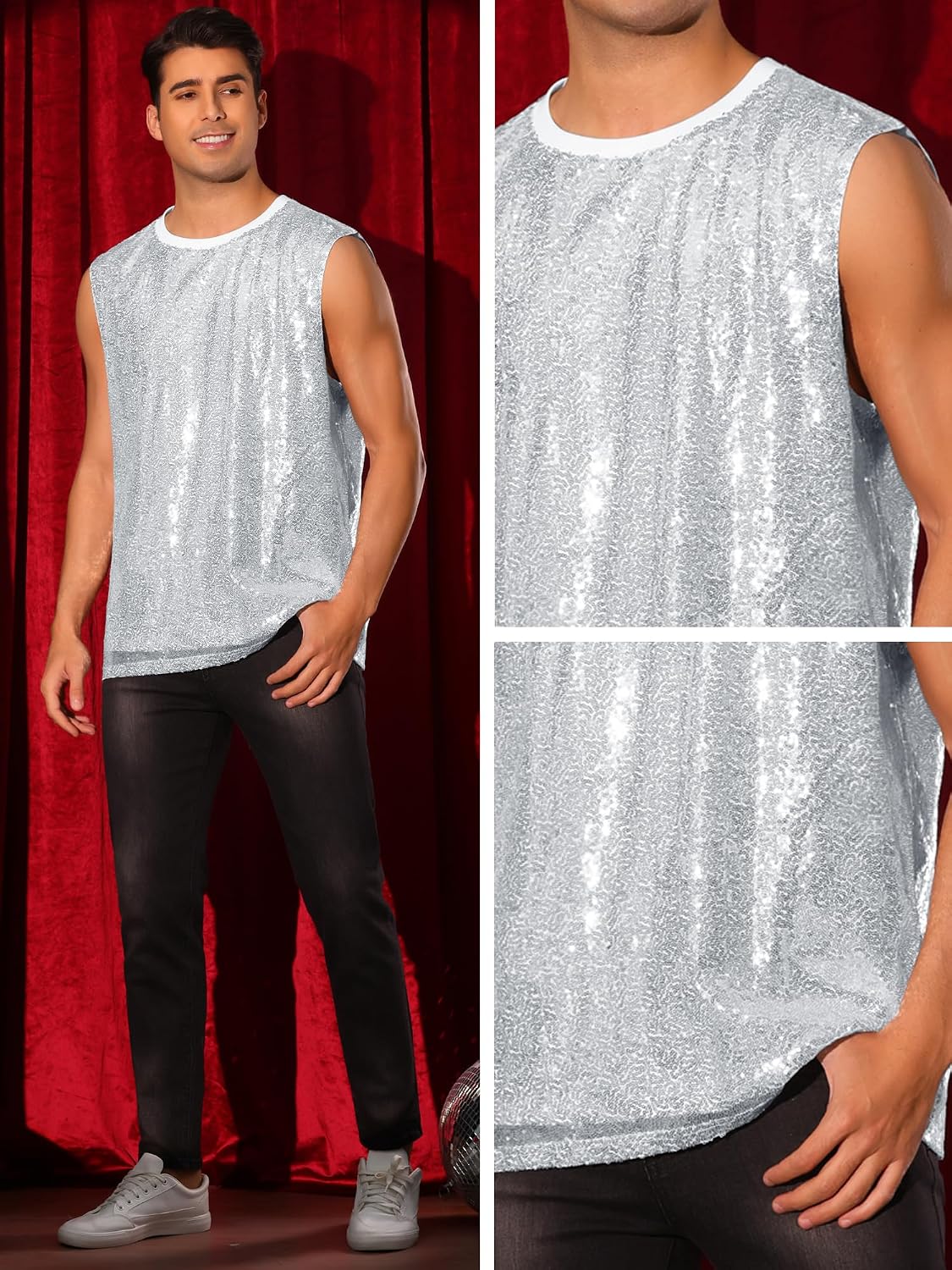 Lars Amadeus Sequin Tank Top for Men's Shiny Glitter Sleeveless Tee Party Disco Metallic Vest