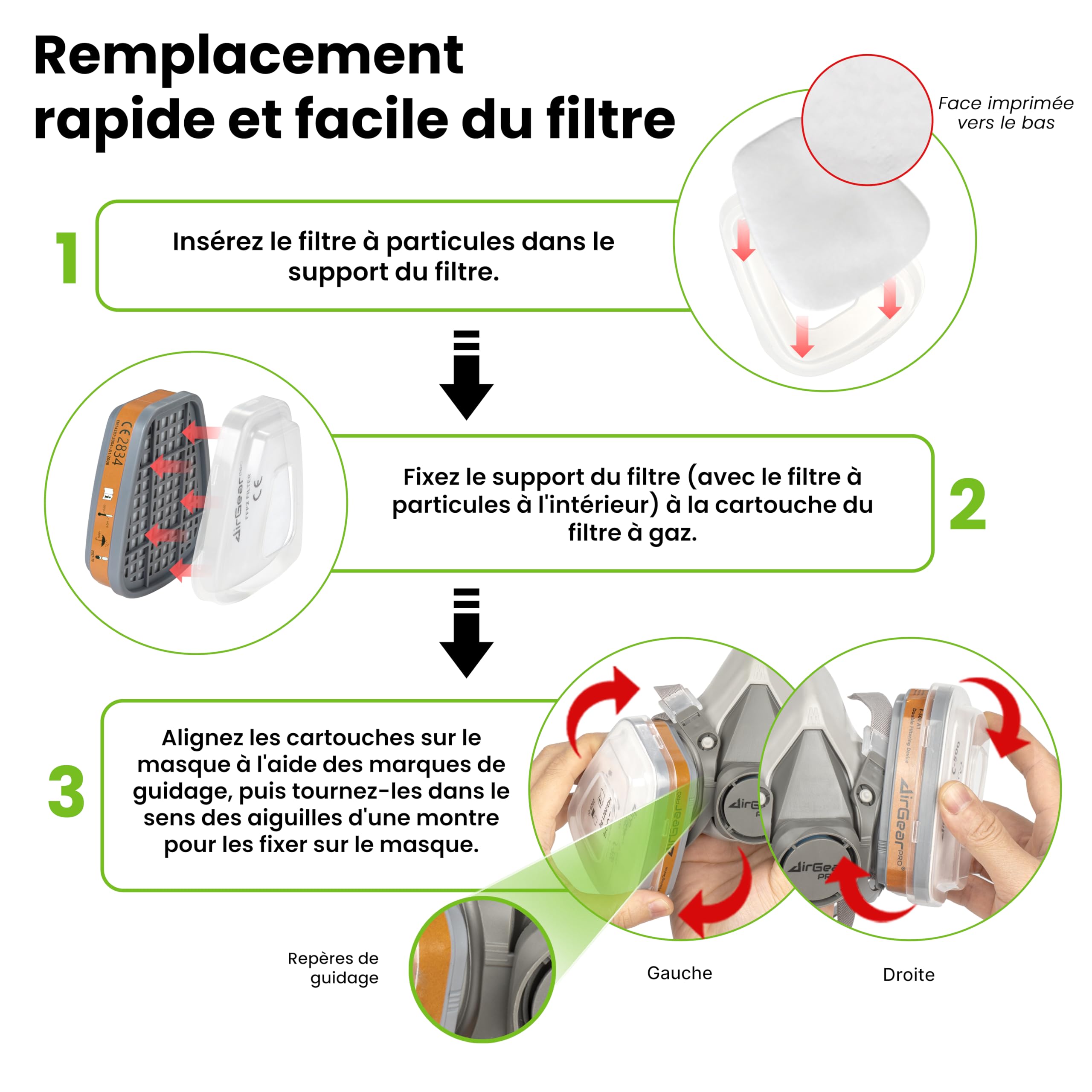 AirGearPro G-500 Masque de Protection Respiratoire Réutilisable Anti poussière Gaz avec Filtres et Lunettes de Protection