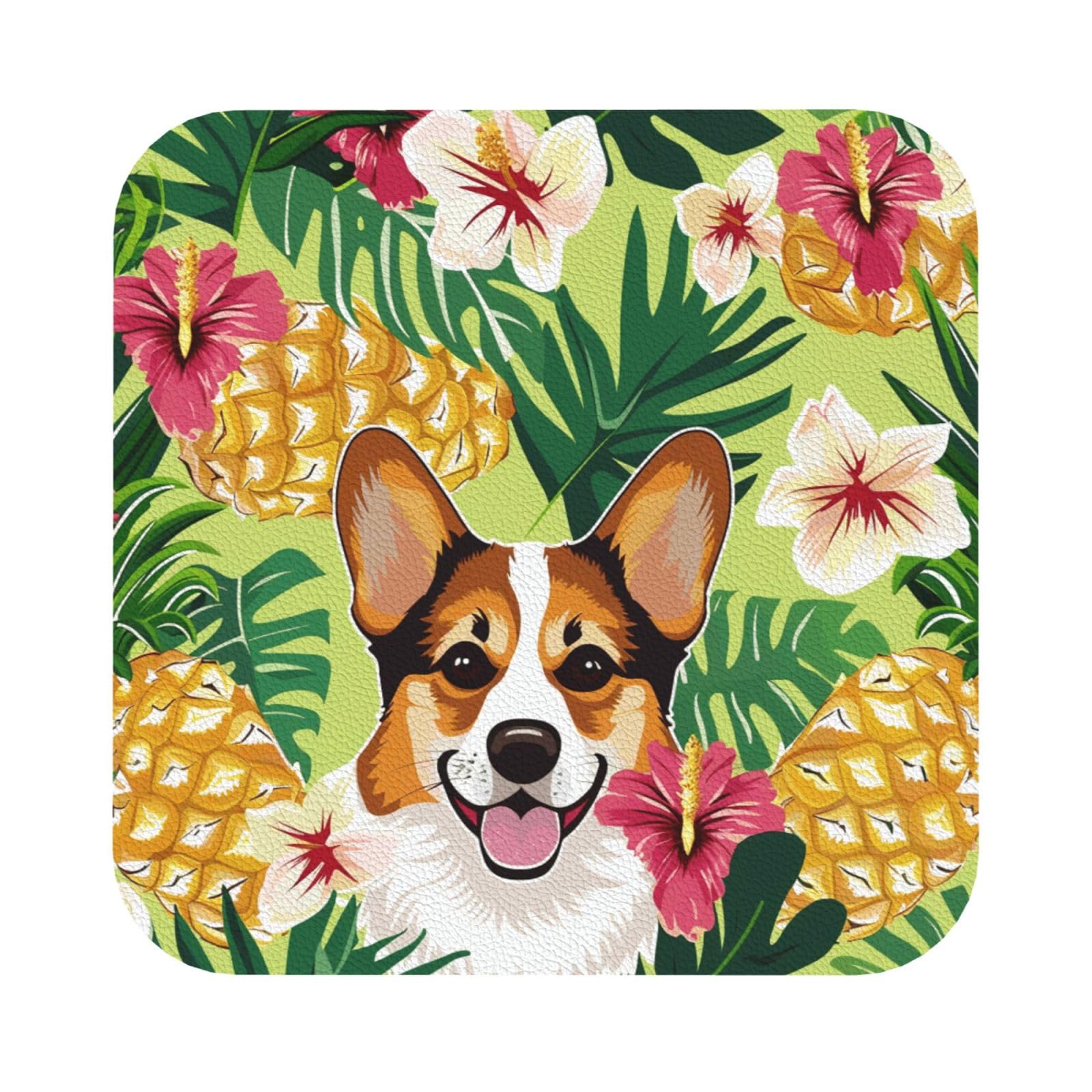 Corgi Hawaiian Tropical Summer Pineapple Print Leather Coaster Set of 6, Square Coasters Table Decorative Coffee Cup Beverage Coasters Wine Beer Bar Coasters for Hot Drinks Table Protection
