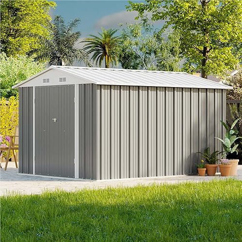 Miniatura 2 de Patiowell Cobertizo de almacenamiento para exteriores de 8 x 10 pies, cobertizo de metal grande para herramientas de jardín con techo inclinado y