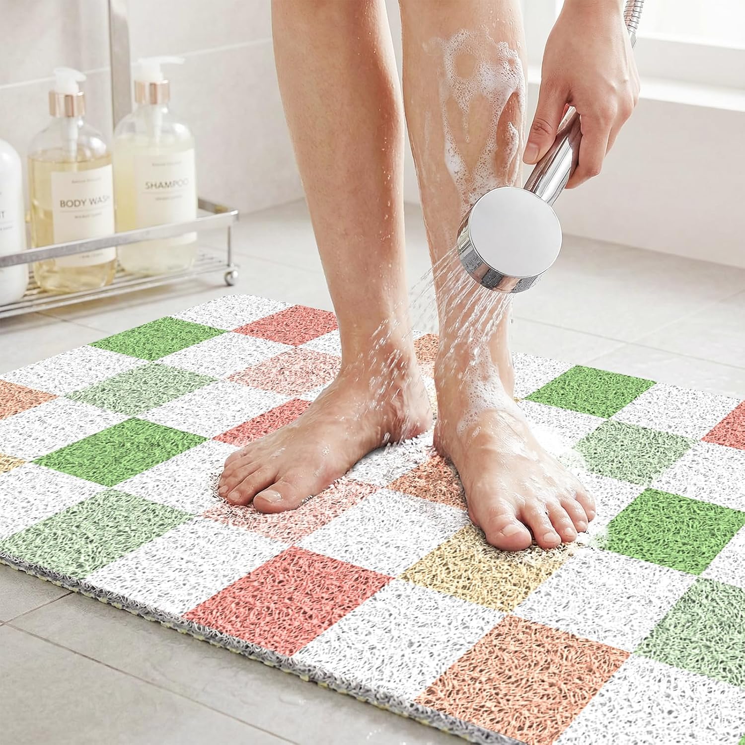 Extra Large Shower Mat 32"x24", Fast Drying Foot Scrubber Mats, Non Slip Bath Mat for Inside Shower, PVC Loofah Bathroom Mats for Wet Areas, Bathroom Floor, Poolside Entryway, Multicoloured Checkered - Image 2