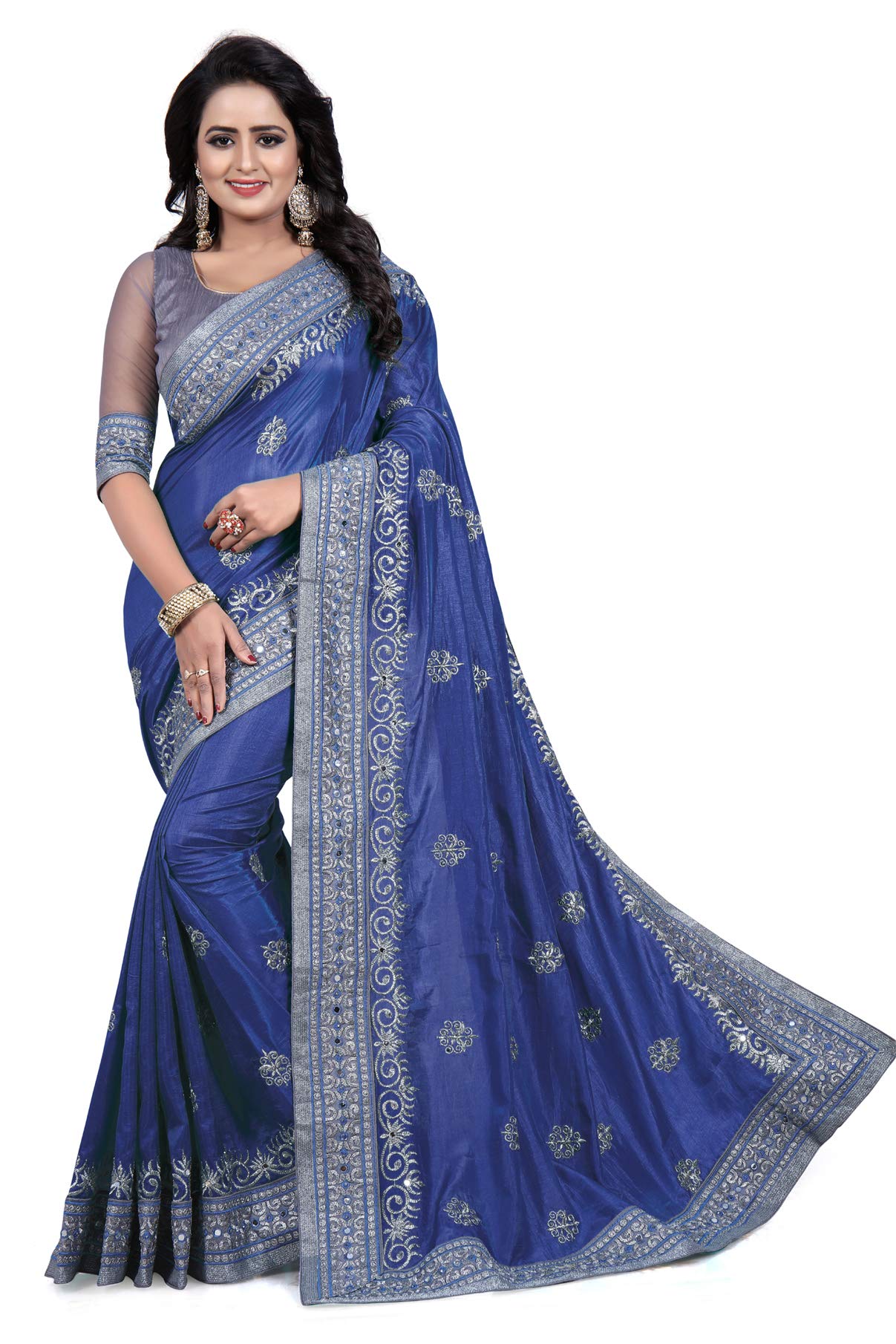 GenericWomen's embroidered plain silk saree with blouse piece