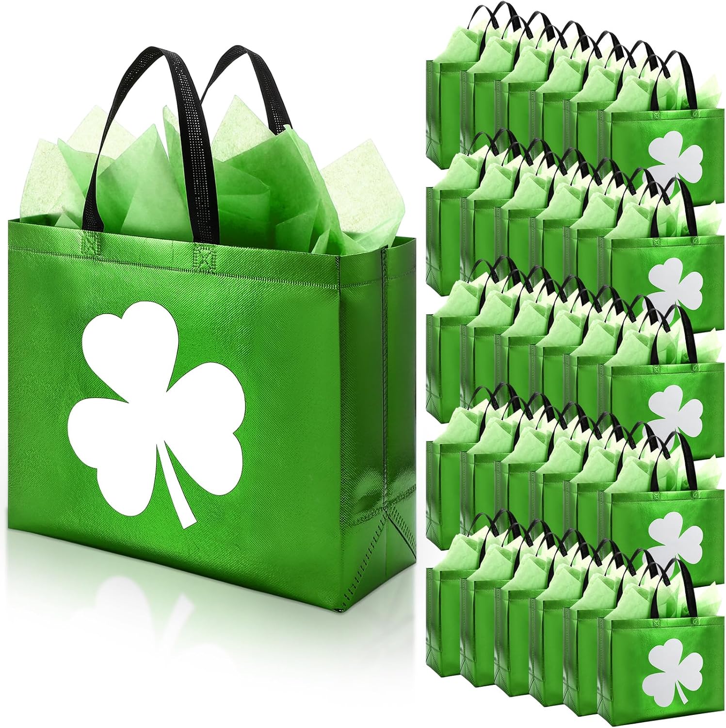 HunnmingRe 49 Pcs St Patrick's Day Gift Bags Bulk Set 24 Clover Treat Tote Bag Irish Shamrock Non Woven Bags 25 Tissue Paper for St Patrick's Party Favors (9.84 x 7.87 x 3.94 Inches,Vibrant Colors)