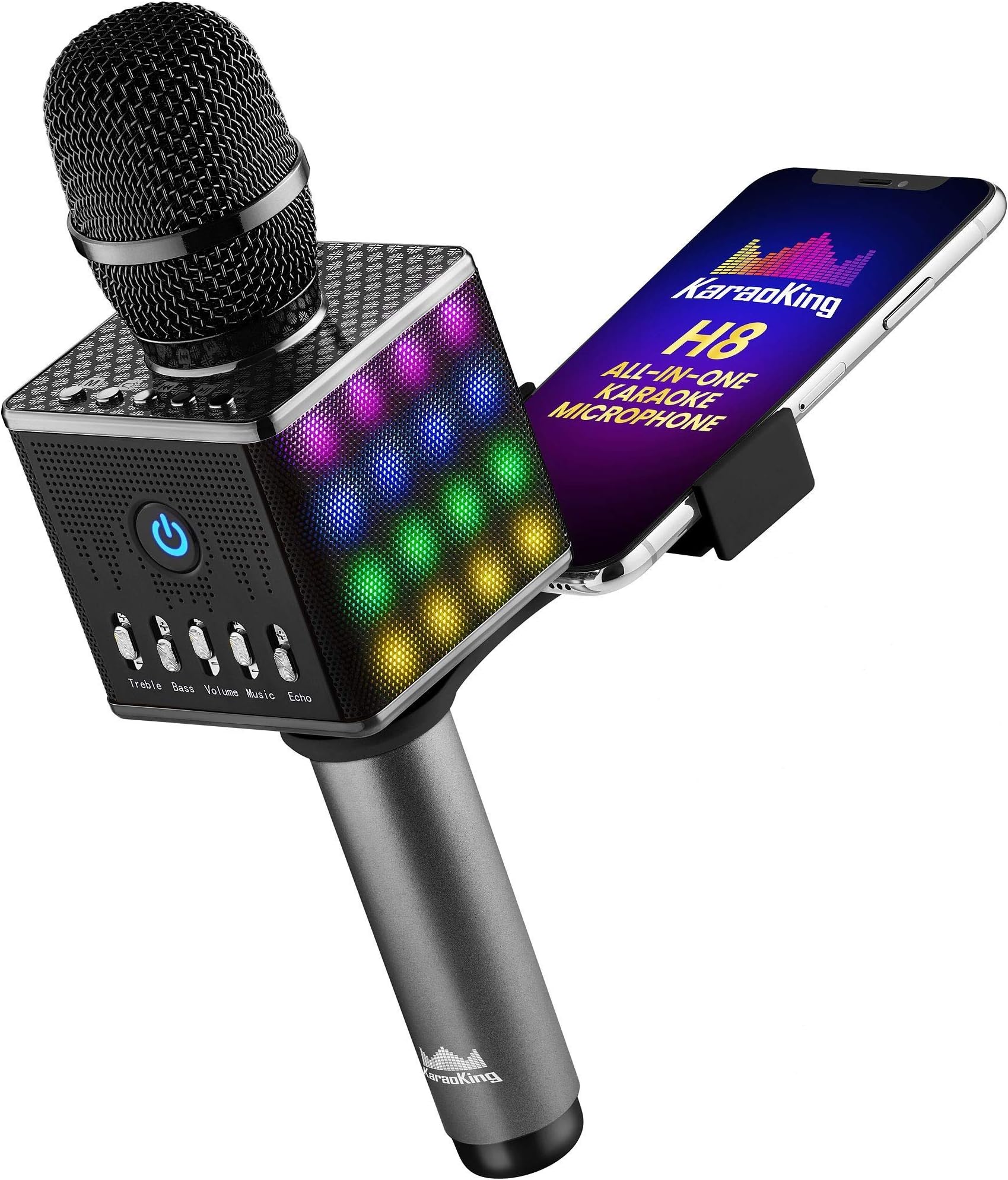 Portable Wireless Bluetooth Karaoke Microphone - KTV Machine with Speaker, LED Lights and Bonus Phone Holder Perfect for Pop, Rock n Roll, Solo Parties and More (H8 2.0 Gray)