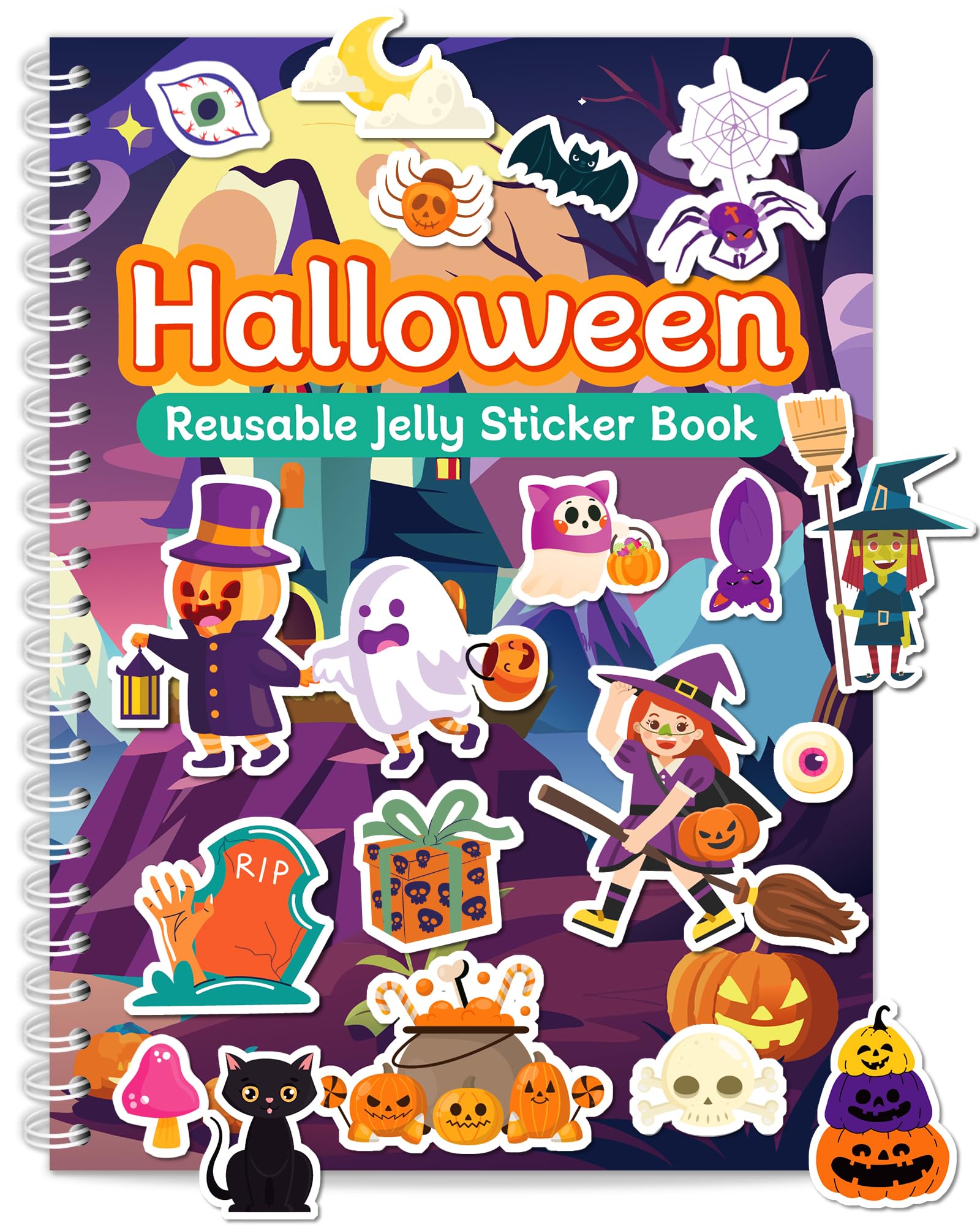 Zartores Reusable Sticker Book, Jelly Stickers for Kids, Boys Girls Gift | Waterproof Mess-Free Travel Toys, Airplane Road Trip Essentials Kids, 7 Scenes Activity Book, Boys Girls Toys, Halloween