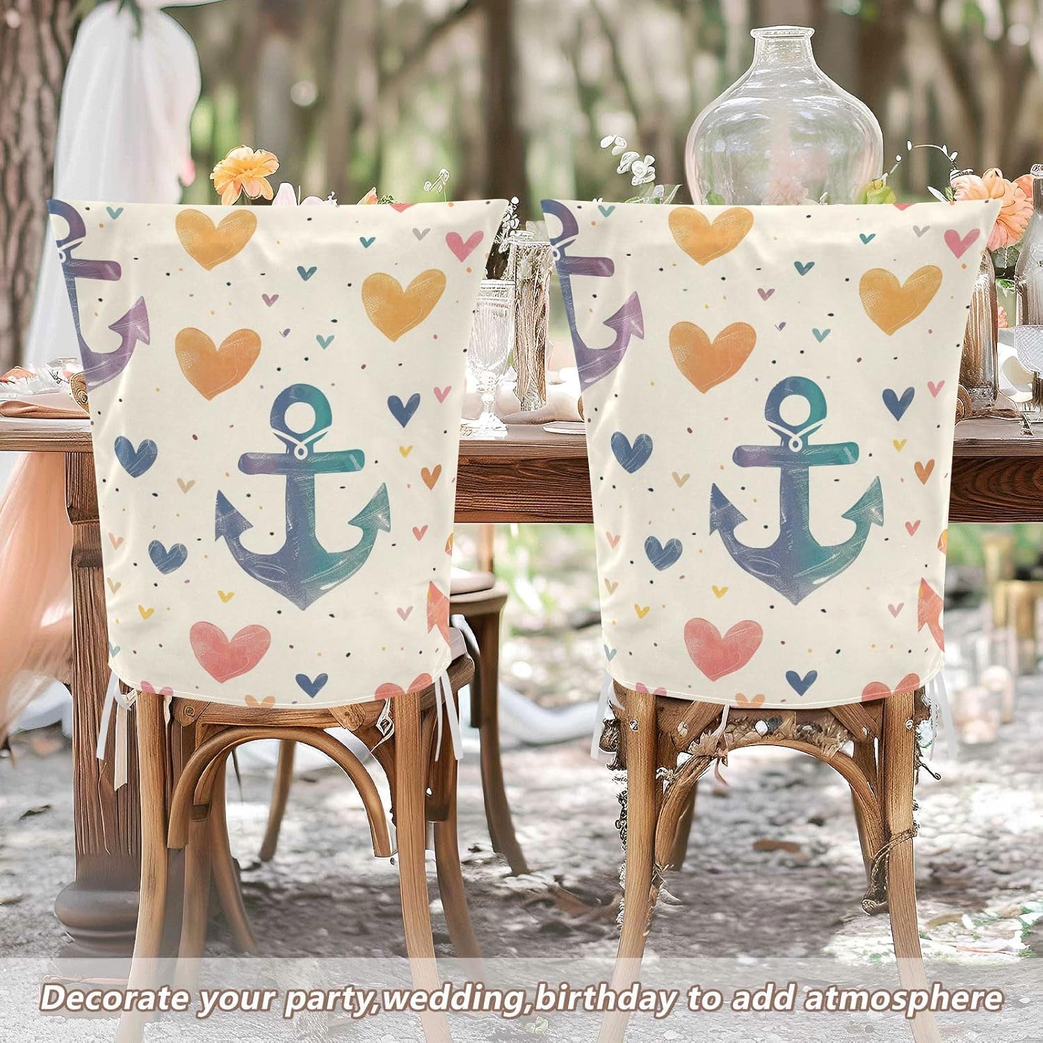 ALAZA Rainbow Hearts Anchor Chair Back Cover Set of 6, Washable Reusable Removable Chair Slipcovers Decorative Chair Cover for Home Kitchen Wedding Party