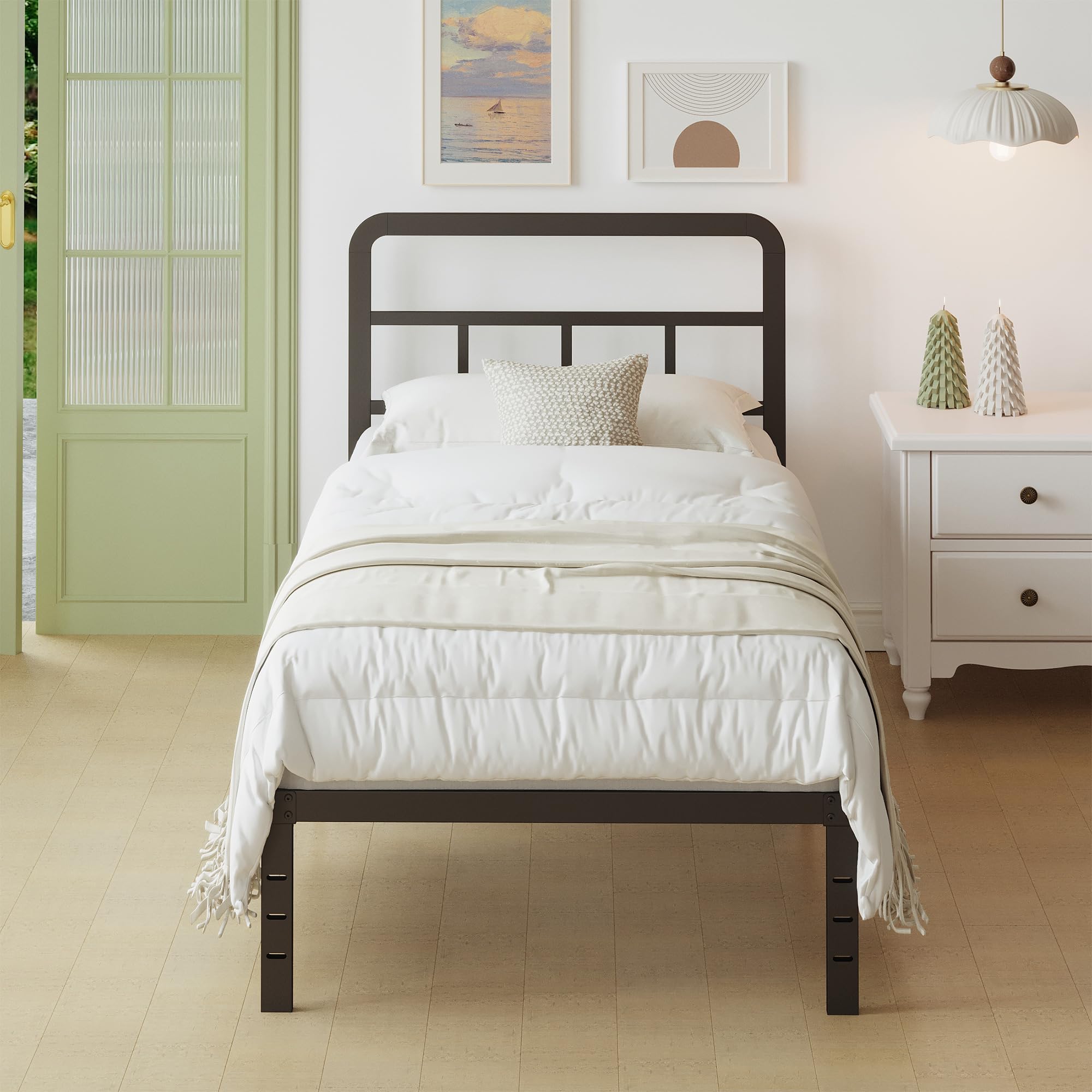 Lutown-Teen Metalen bed 90x200 cm, ronde poten, hoogte: 46 cm, lattenbodem, metalen frame, opslag onder het bed, wit, stil