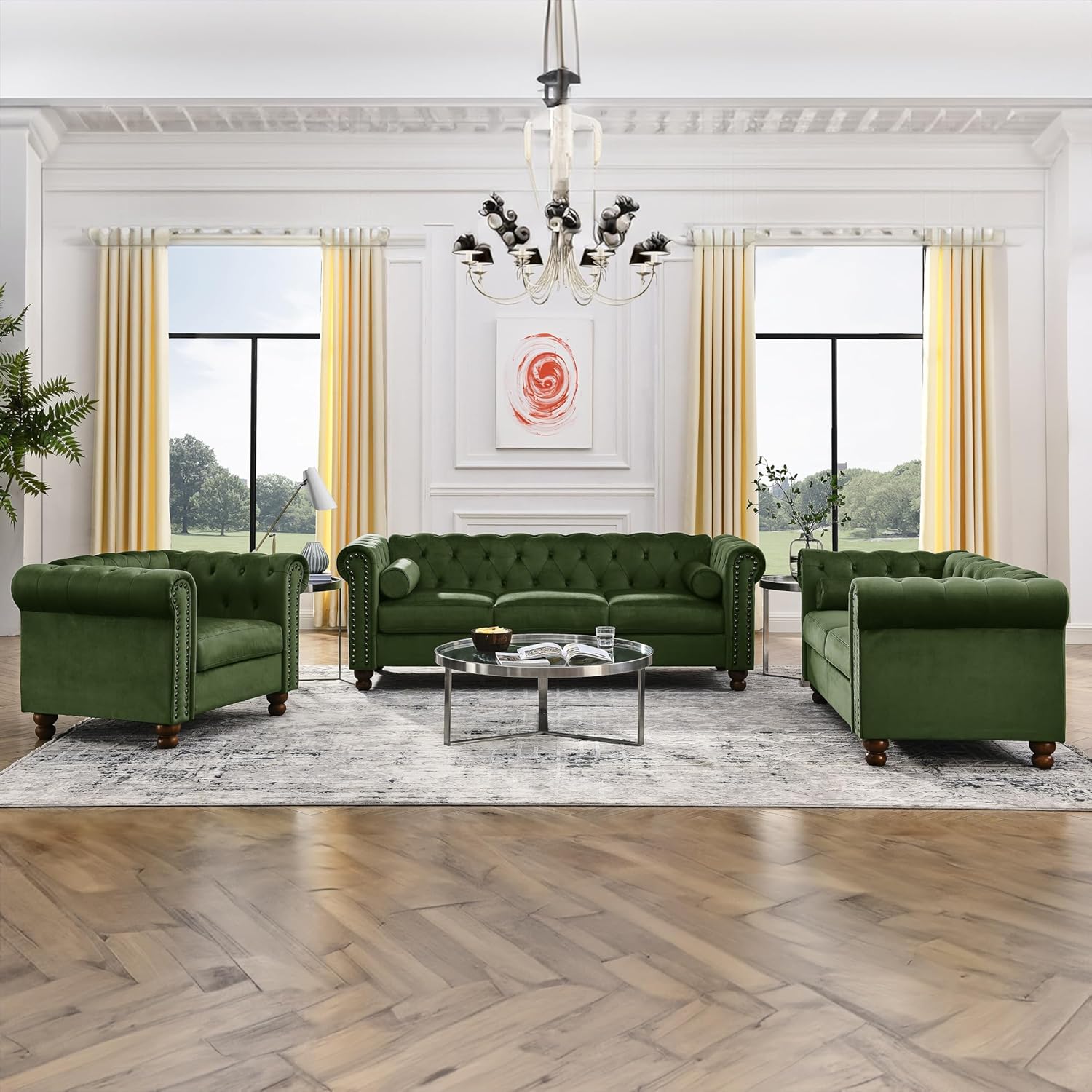 3-Piece Living Room Set, Green Velvet Chesterfield Sofa Couch Set of 3, Including 3-Seater Sofa, Loveseat and Armchair, Nailhead Furniture Set for Living Room, Office