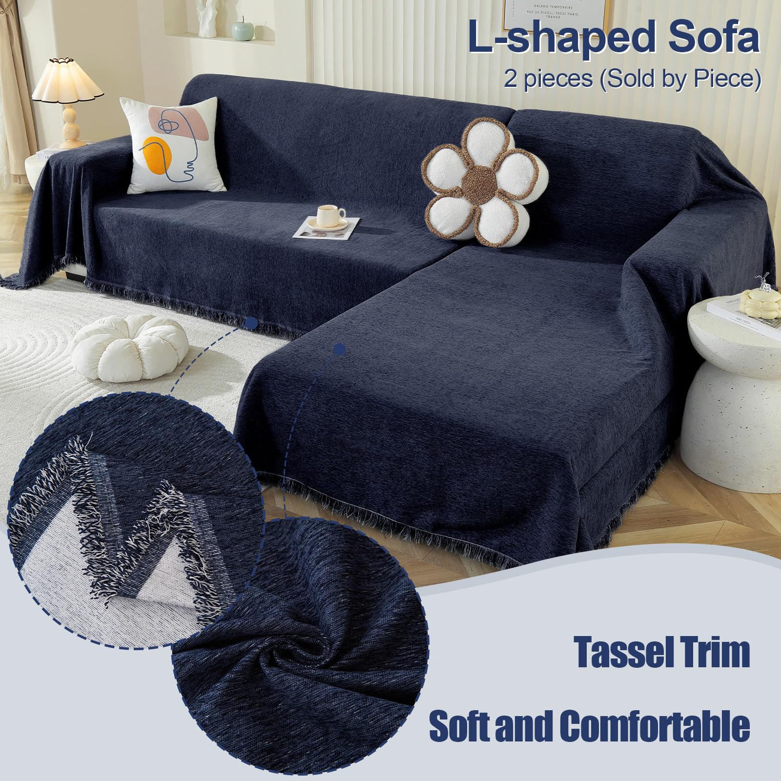 Royhom Chenille Sofa Covers 2 Seater, Corner Sofa Cover L Shape, Washable Couch Cover with Tassel - Image 3
