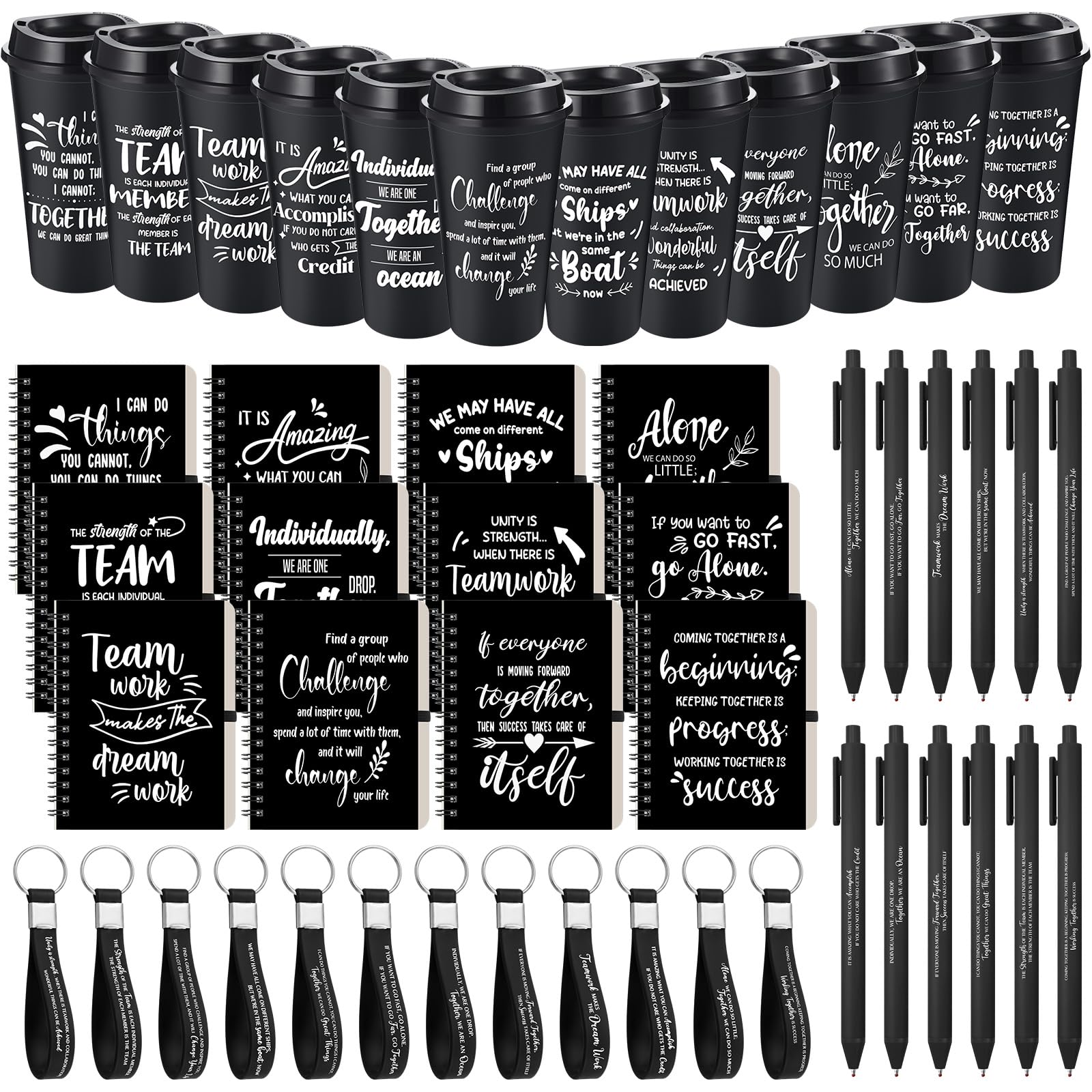 Skylety 12 Set/48 Pcs Team Appreciation Gift Set Inspirational Employee Appreciation Gift Bulk 16 oz Coffee Cups with Team Notebook Pen Keychains for Staff Teacher (Black Color)
