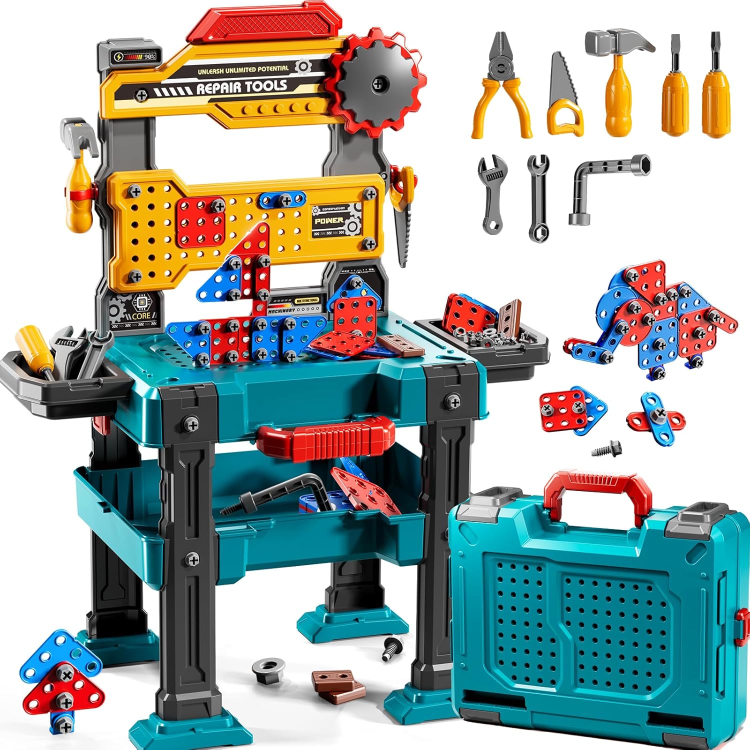 Kids Tools Toy Sets for Aged 3 4 5 6 7 8, 2 in 1 Workbench Toys for Toddlers 3-5, Pretend Play Toolbox, Construction Mechanic Set with Sound, Educational Birthday Gift for Boys Girls Ages 3-8 Green-2 in 1 Workbench Toys