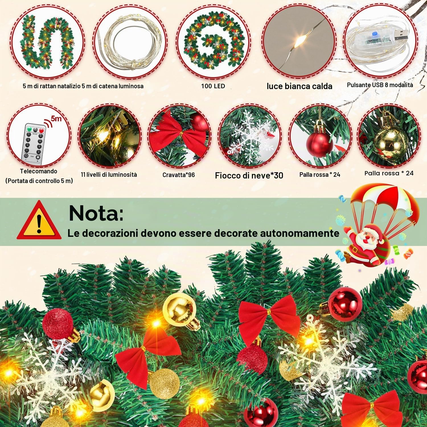 Ghirlanda natalizia 2 x 5 m con illuminazione, ghirlanda di abete artificiale con 100 LED, luce bianca calda, incl. decorazione e telecomando, luci USB 8 modalità, decorazioni natalizie per