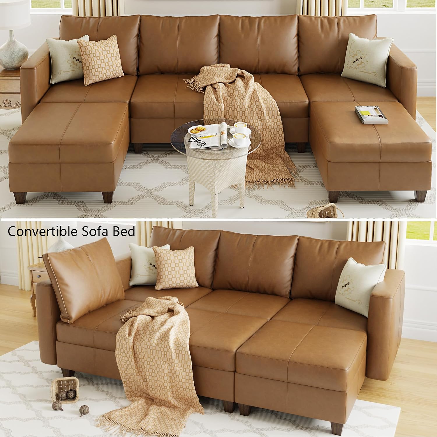 EASE MOOSE Leather Sectional U Shaped Modular Sectional Sofa with Storage, Faux Leather Modular Couch for Living Room, Brown