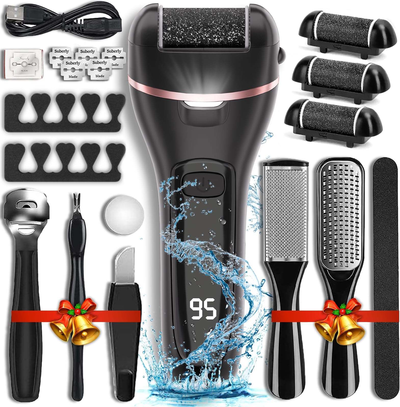 Wea&Hea Electric Callus Remover for Feet with 3 Roller Heads 2 Speed Rechargeable Waterproof Professional Pedicure Kit 17 in 1 Foot File Tools Perfect for Dead Hard Cracked Dry Skin